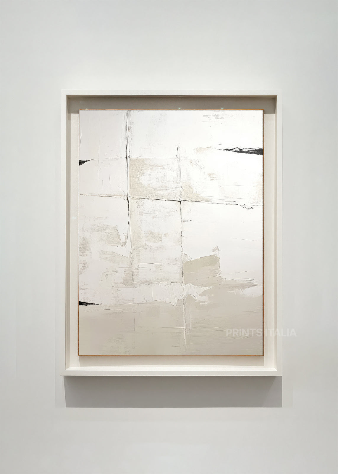 DROVIA abstract art print framed – subtle black streaks on soft ivory background with textural details
