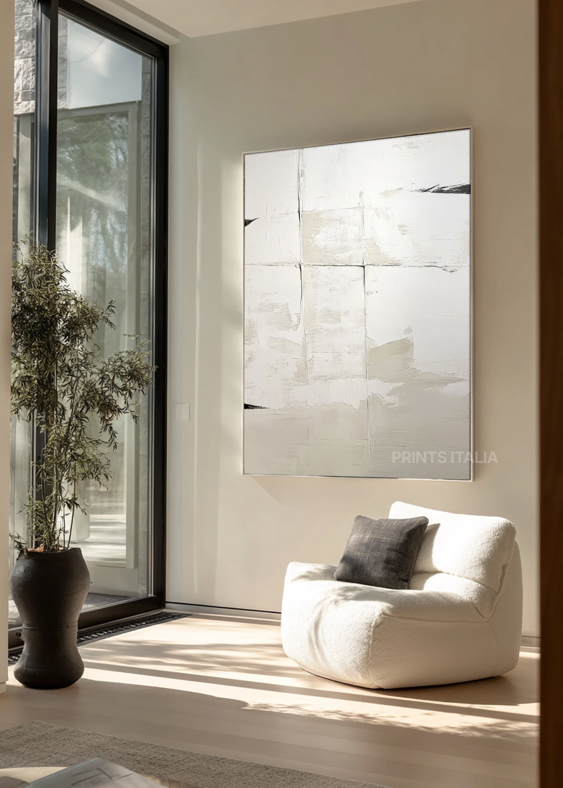 DROVIA abstract print styled in a calm, light-filled space, emphasizing its subtle textures and minimalist composition