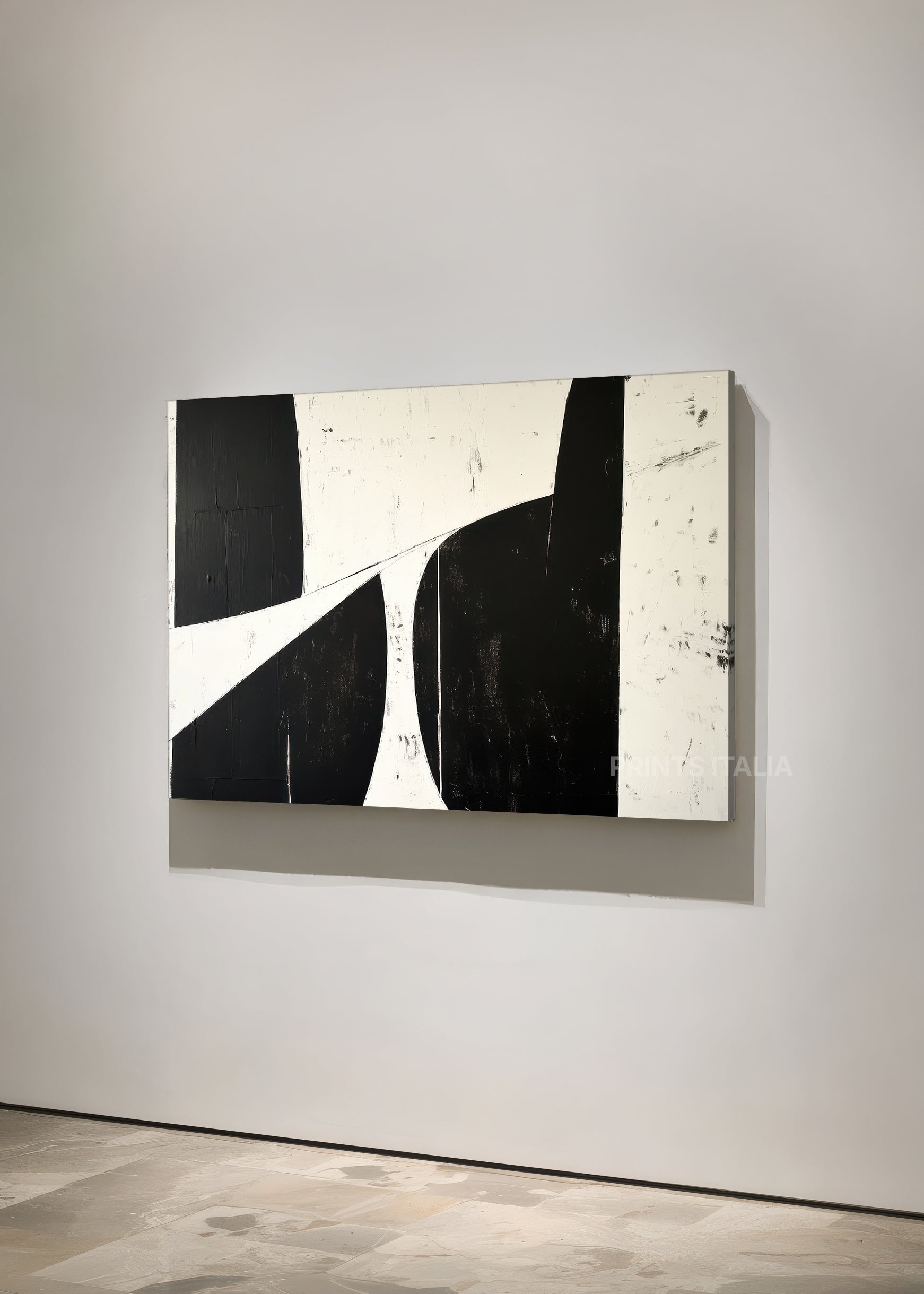 Unframed DRUELITH art print featuring minimalist black and white geometric composition, striking contrasts, and graphic clarity, leaning against a soft neutral wall