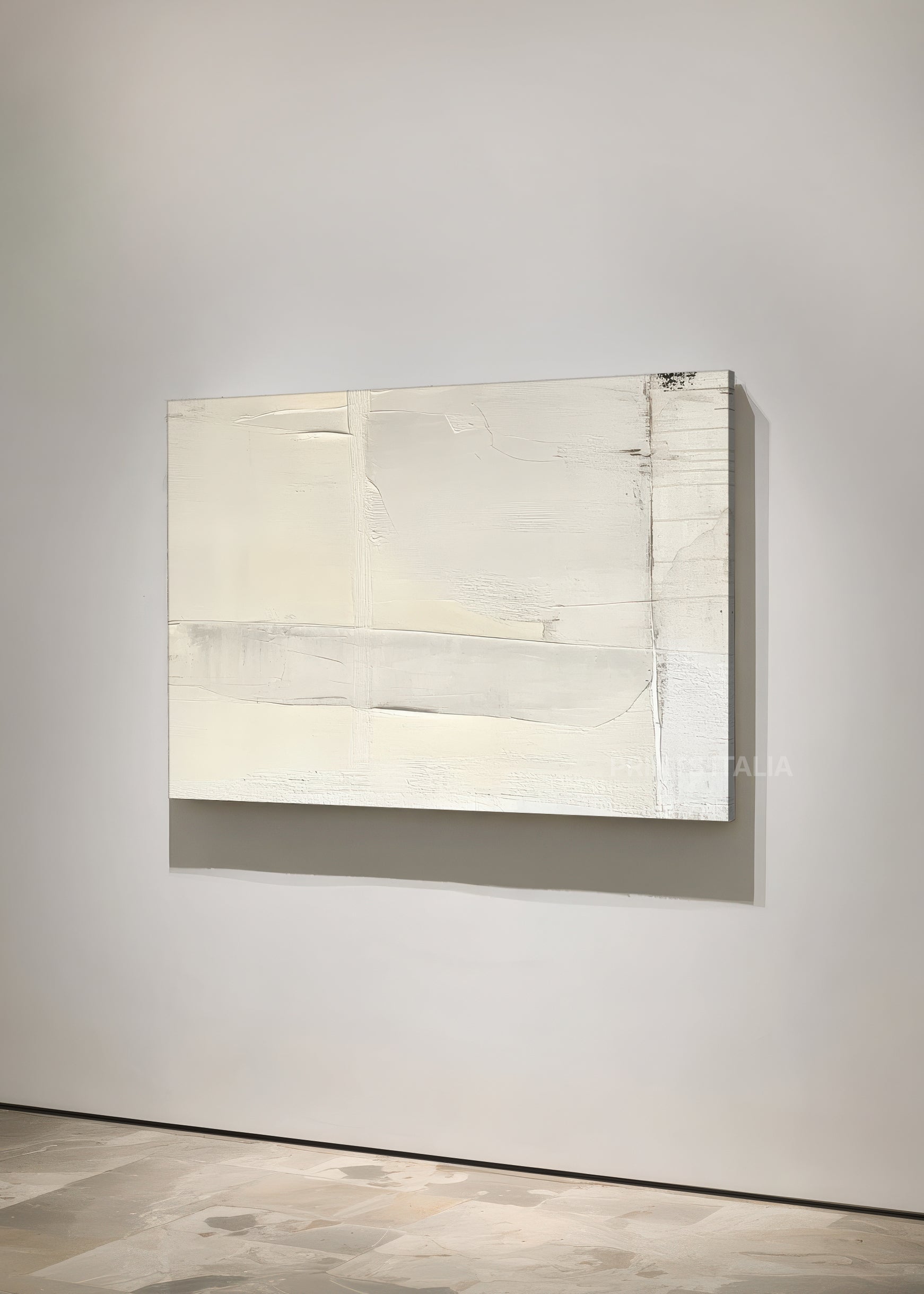 Unframed ECHEIA art print featuring minimalist white composition, gentle tonal layers, and a single vertical line, leaning against a soft neutral wall