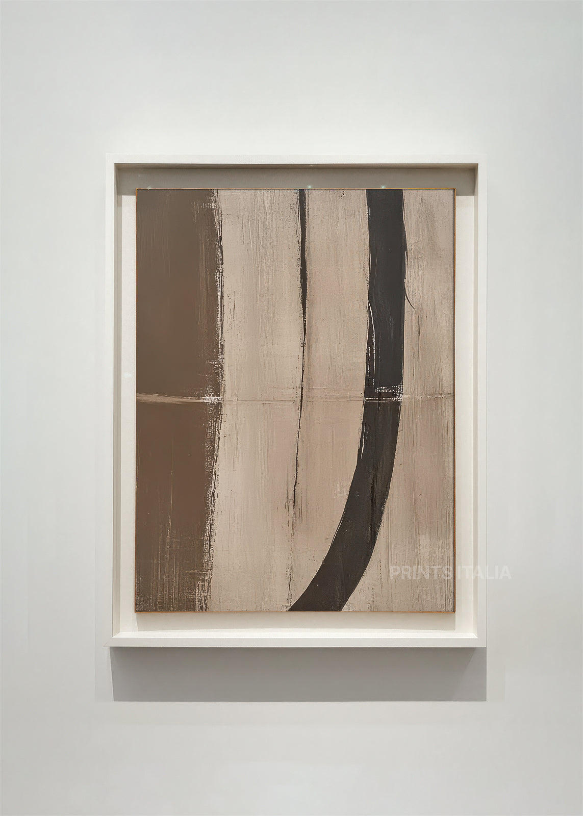  EIRA – framed minimalist abstract art print with earthy taupe and cream fields, sweeping charcoal curves, and layered textures, displayed in a modern gallery setting