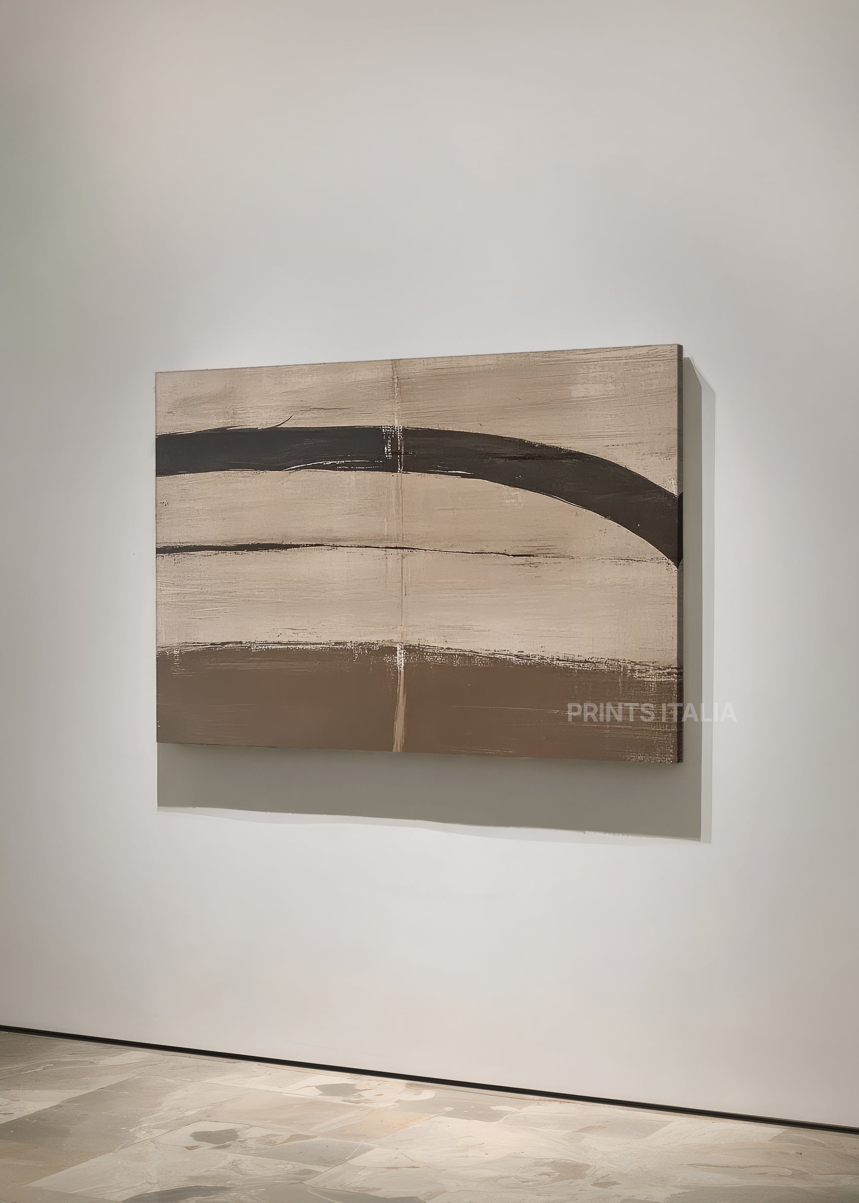 Unframed EIRA art print featuring earthy taupe and cream minimalism, bold charcoal lines, and layered textures, leaning against a pale neutral wall