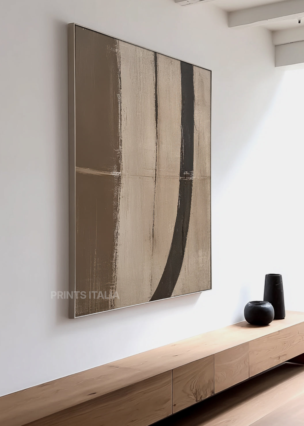 EIRA japandi print showing tactile surface texture, organic brushwork, and the interplay of taupe, cream, and charcoal tones