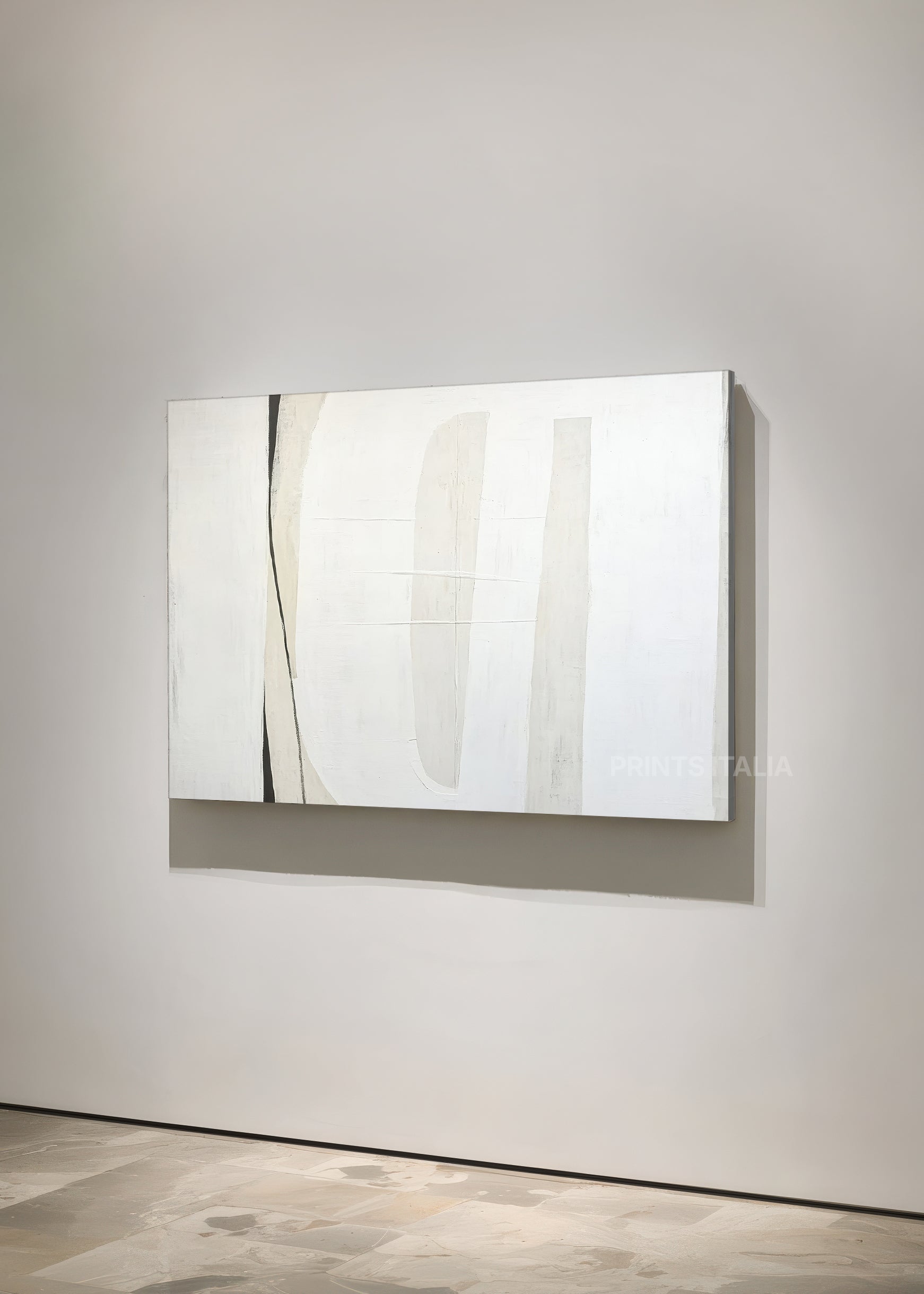 Angled view of ELARI abstract print – contemporary minimalist bands in soft neutral palette with cream accent