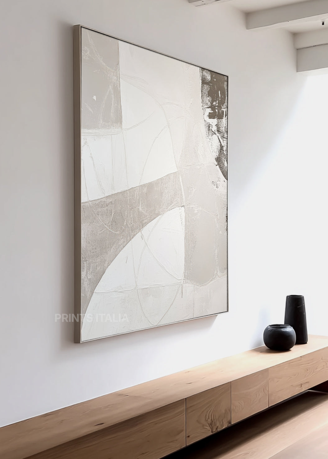 Close-up of ELARIN print showing layered taupe and white surfaces, bold geometric curves, and gentle surface texture