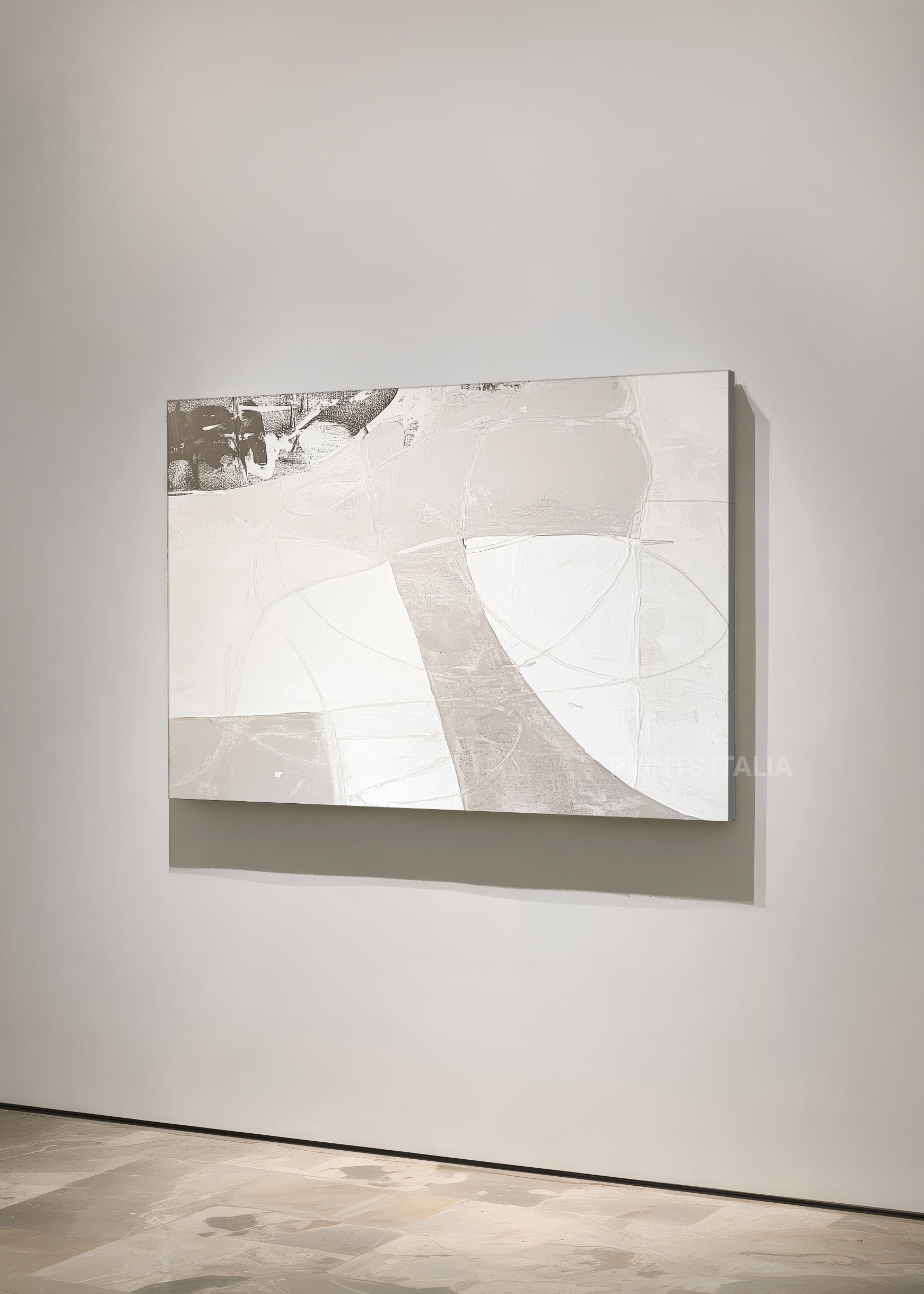 Unframed ELARIN art print featuring minimalist taupe and white composition, dynamic curves, and soft texture, leaning against a neutral wall