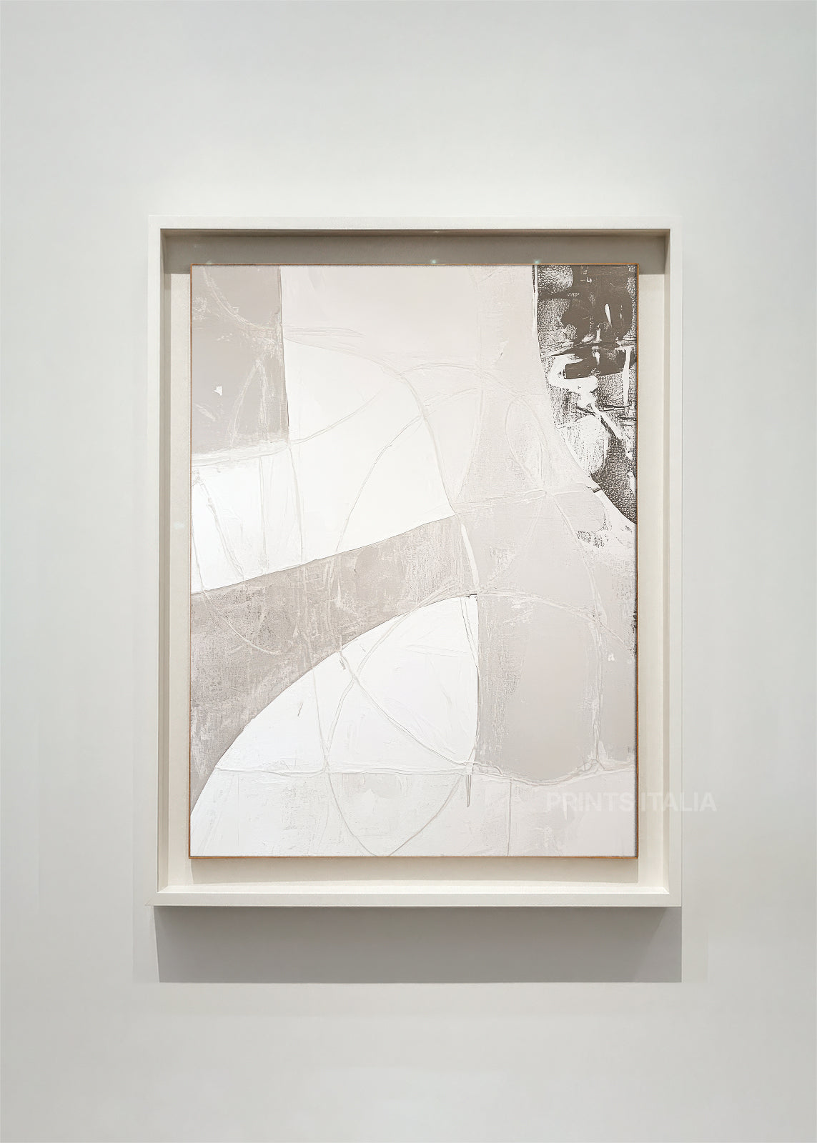 ELARIN – framed minimalist abstract art print with taupe and white fields, sweeping geometric curves, and subtle texture, displayed in a modern gallery