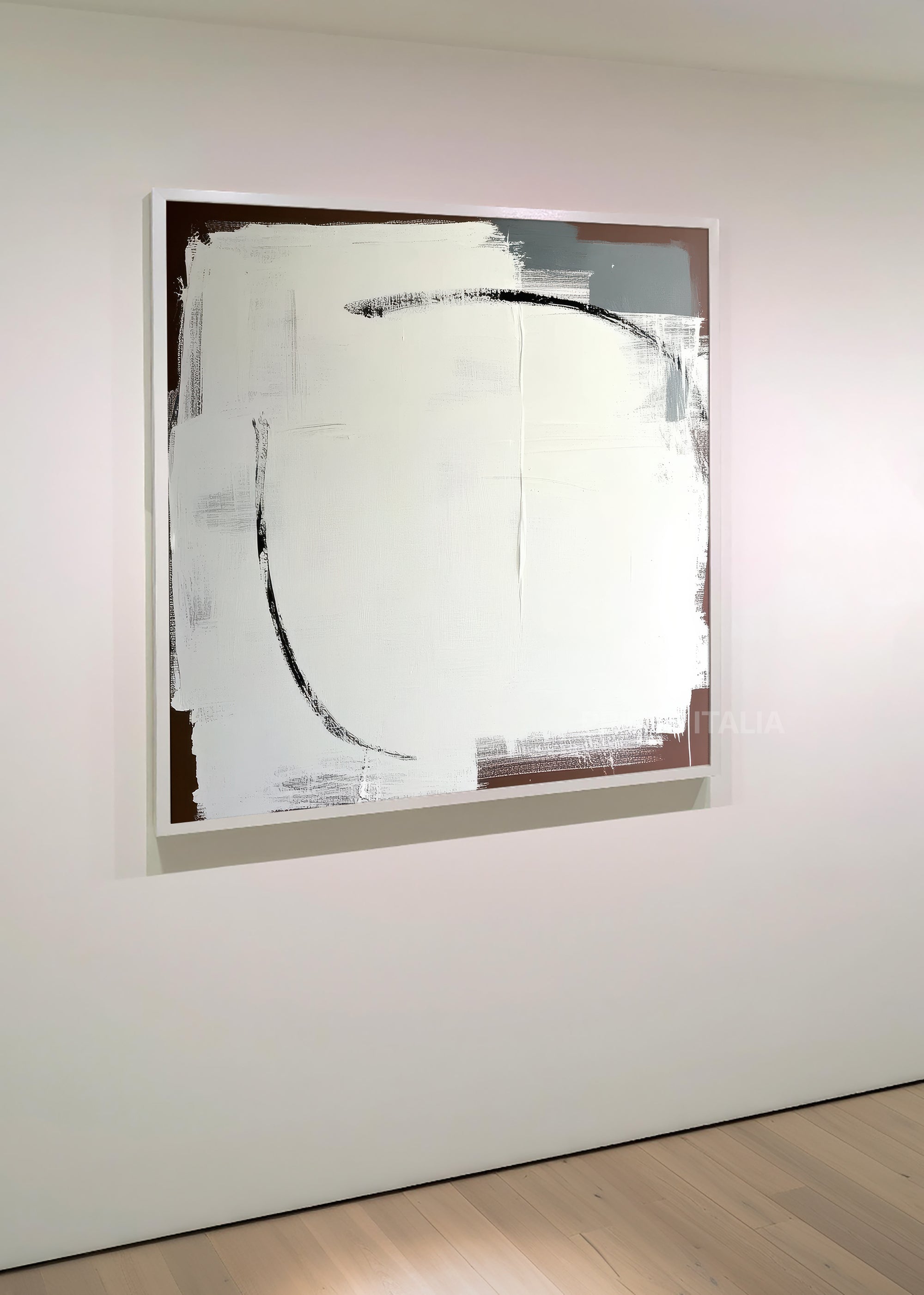 ELERA print displayed in a contemporary gallery, highlighting its airy white layers and dynamic black curve