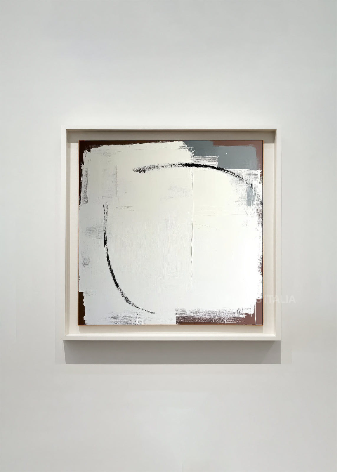 ELERA abstract art print framed – layered white brushwork with soft grey and taupe, accented by a sweeping black arc