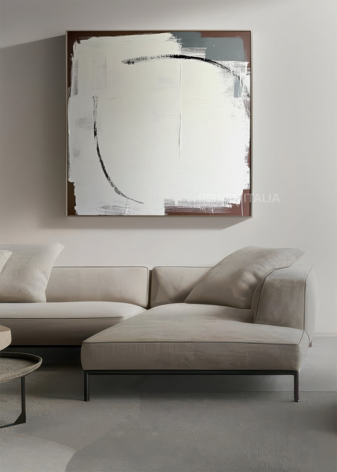 ELERA abstract print styled in a minimalist interior, emphasizing its gentle palette and open composition