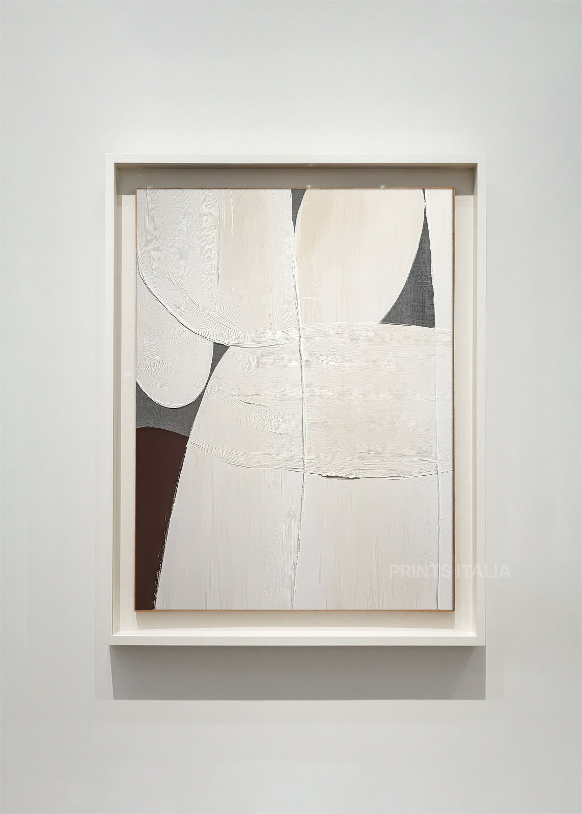 ELJA – framed minimalist abstract art print with sculptural white forms, subtle tonal layers, and fine incised lines, displayed in a modern gallery 