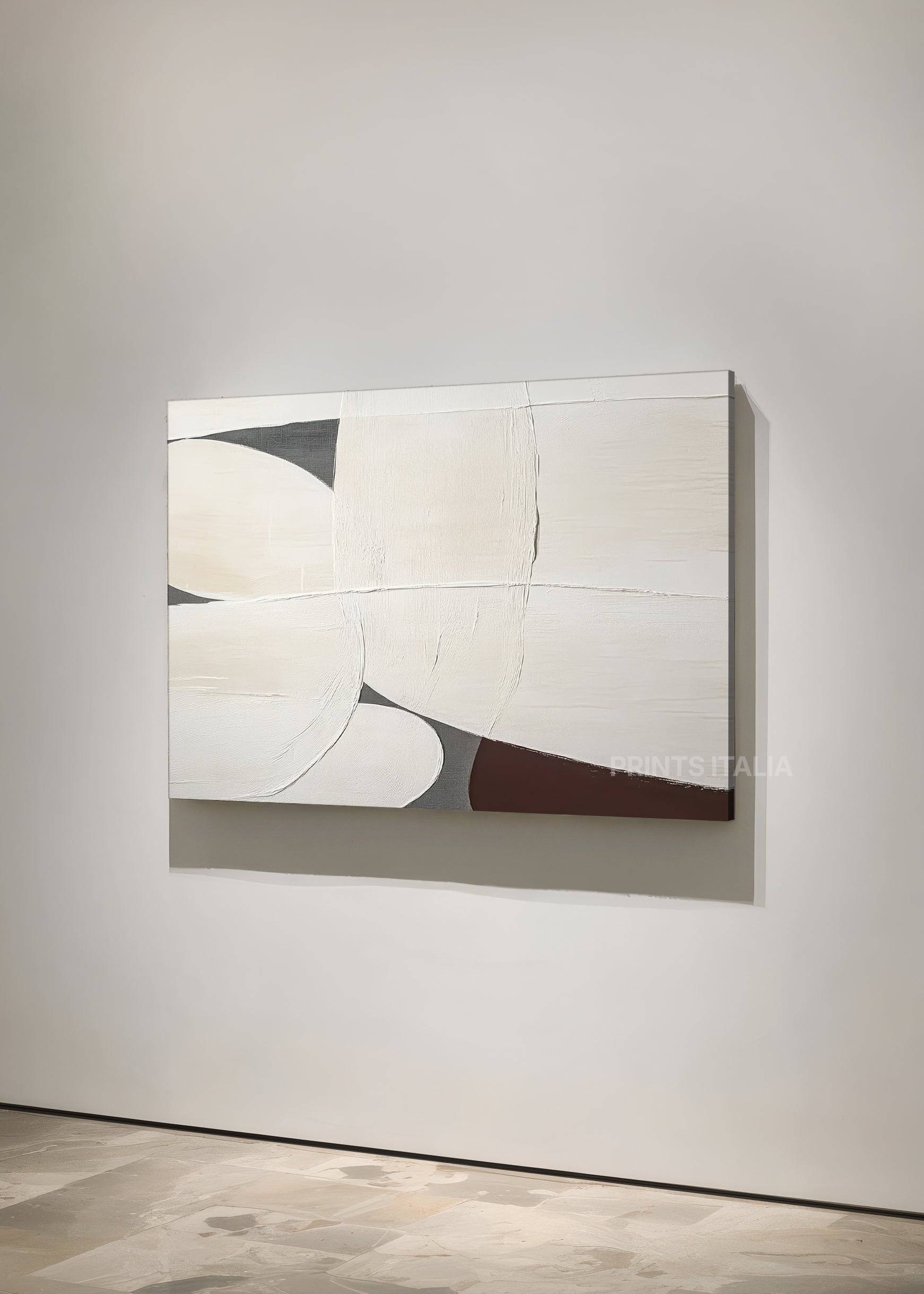 Unframed ELJA art print featuring minimalist white composition, sculpted forms, and refined linework, leaning against a soft neutral wall