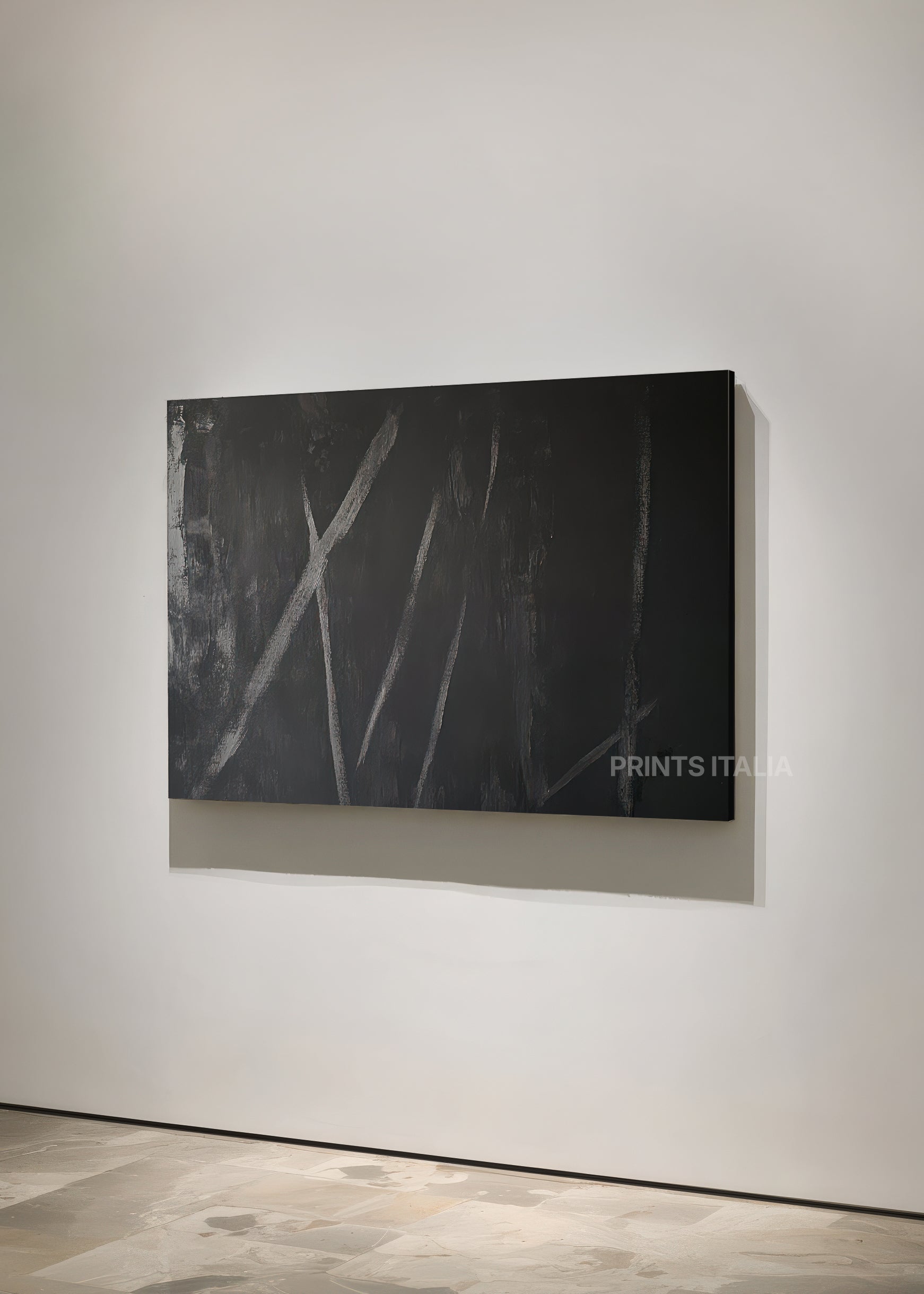 Unframed ELVETH art print featuring minimalist charcoal composition, dynamic silver-gray lines, and gentle surface texture, leaning against a soft neutral wall