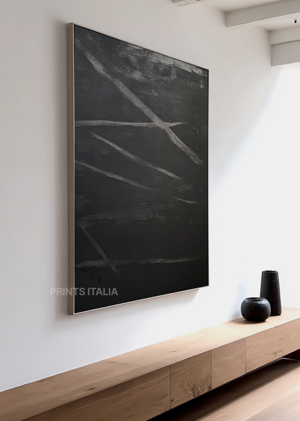 Close-up of ELVETH print showing rich charcoal surface, bold intersecting lines, and subtle layered texture