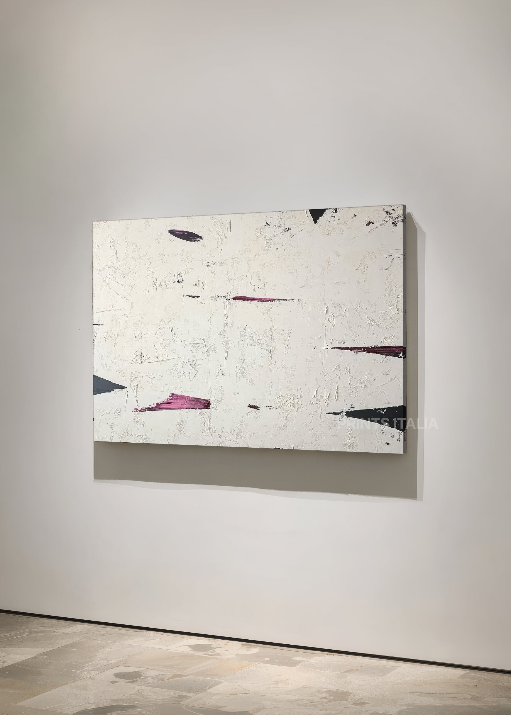 Unframed EPHYRA art print featuring minimalist white, black, and merlot composition, structured geometry, and layered textures, leaning against a soft neutral wall
