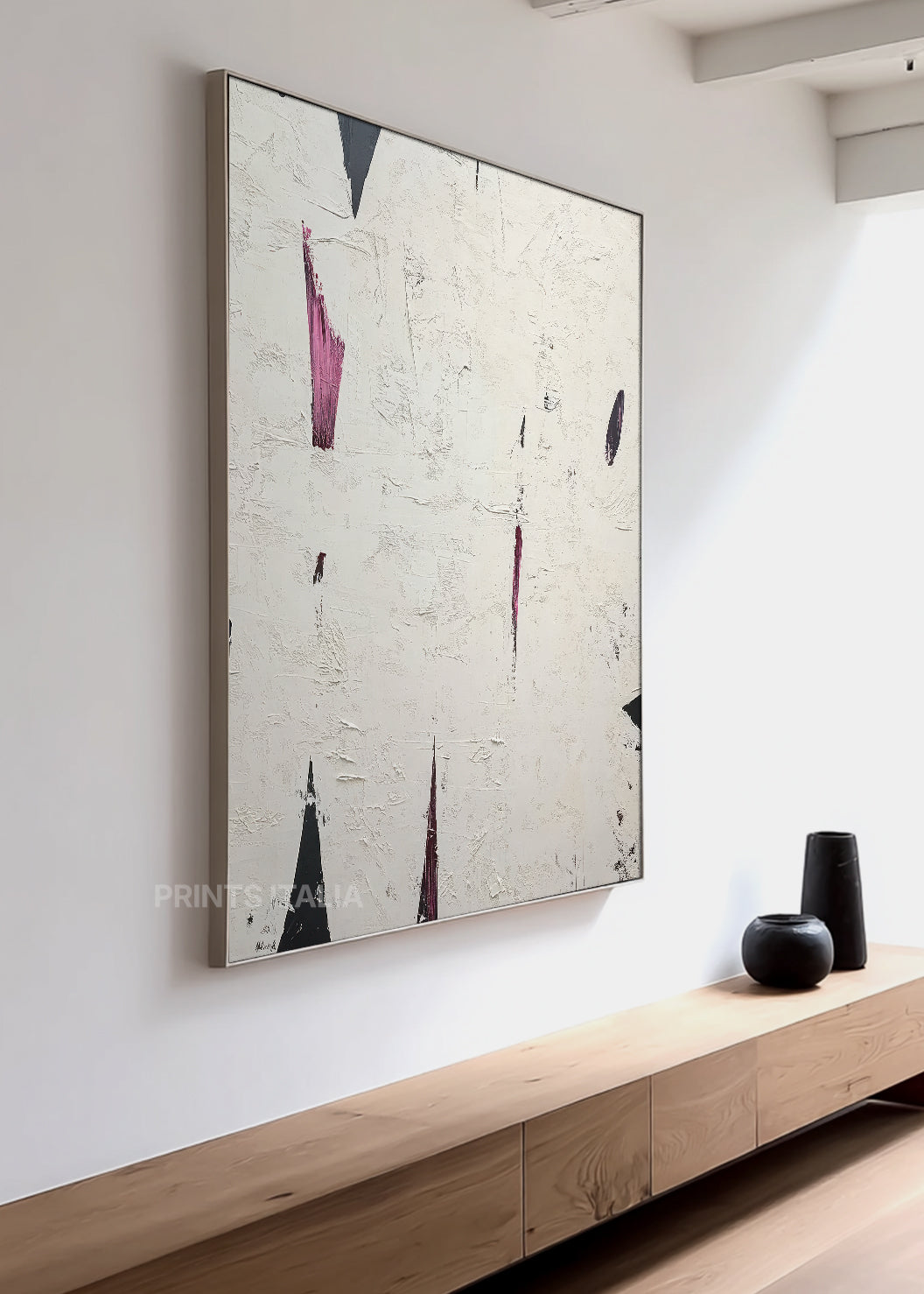 Close-up of EPHYRA print showing tactile white surface, sharp merlot and black edges, and subtle brushwork