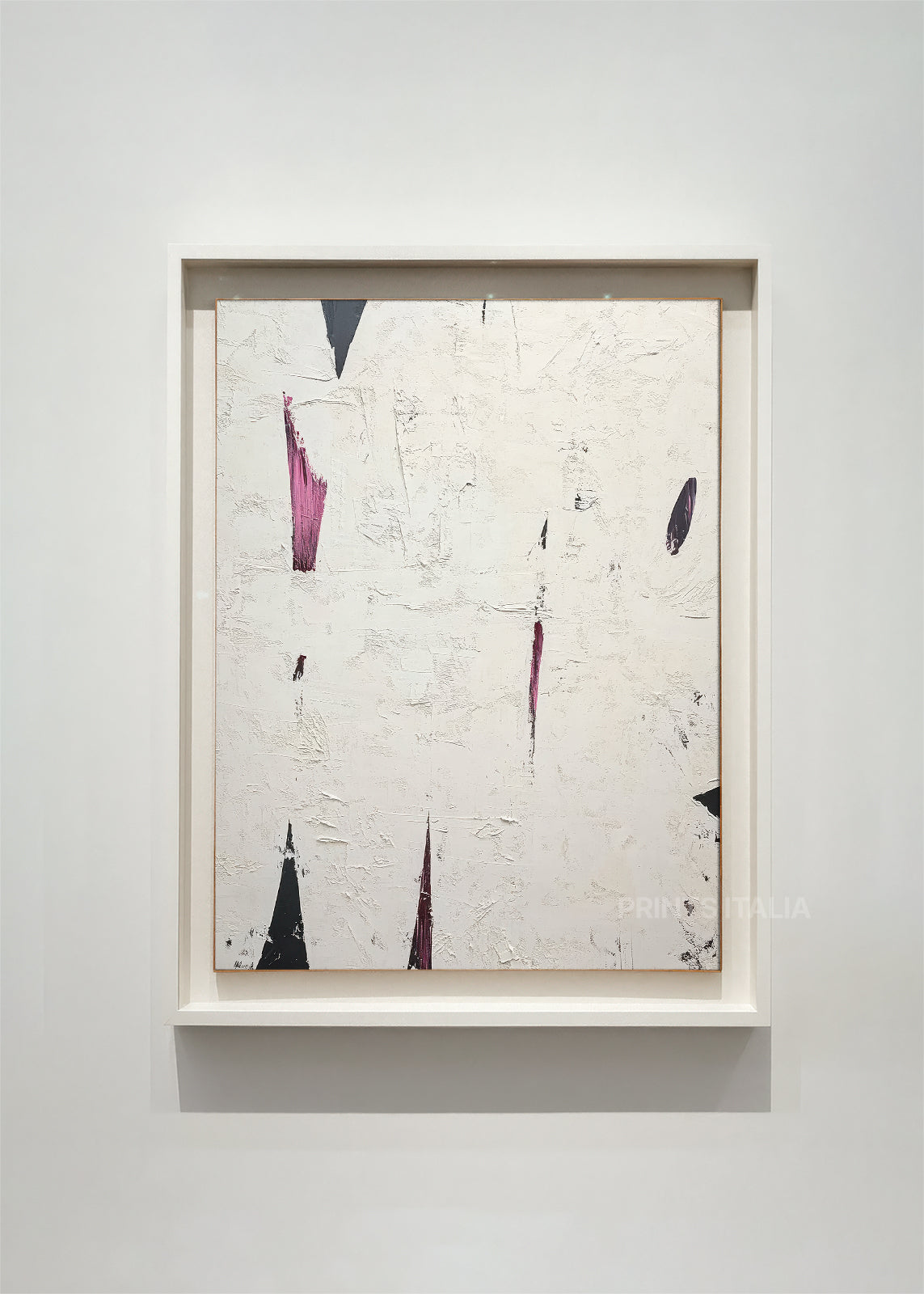 EPHYRA – framed minimalist abstract art print with crisp white field, bold merlot and black shapes, and layered textures, displayed in a modern gallery