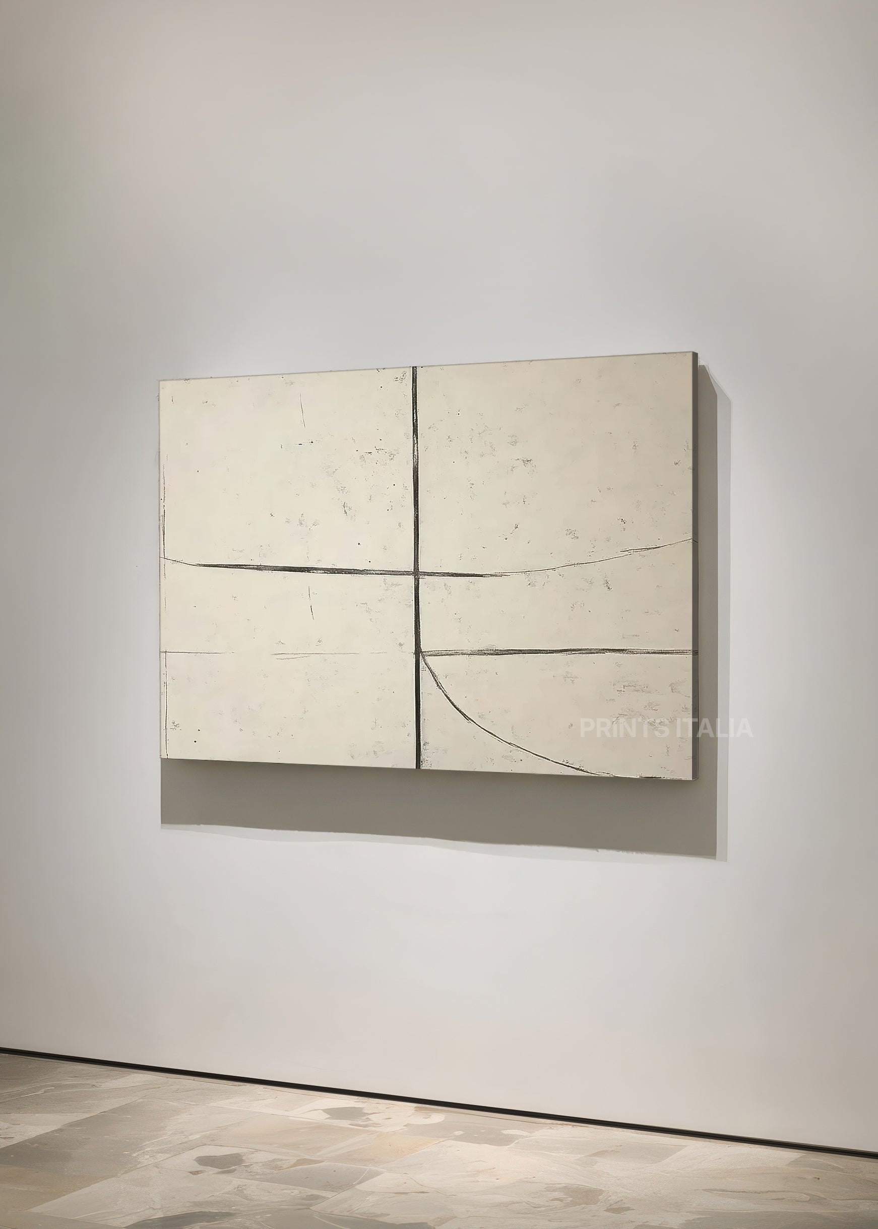 Angled view of EROZA abstract print – refined minimalist composition with subtle linear elements on cream