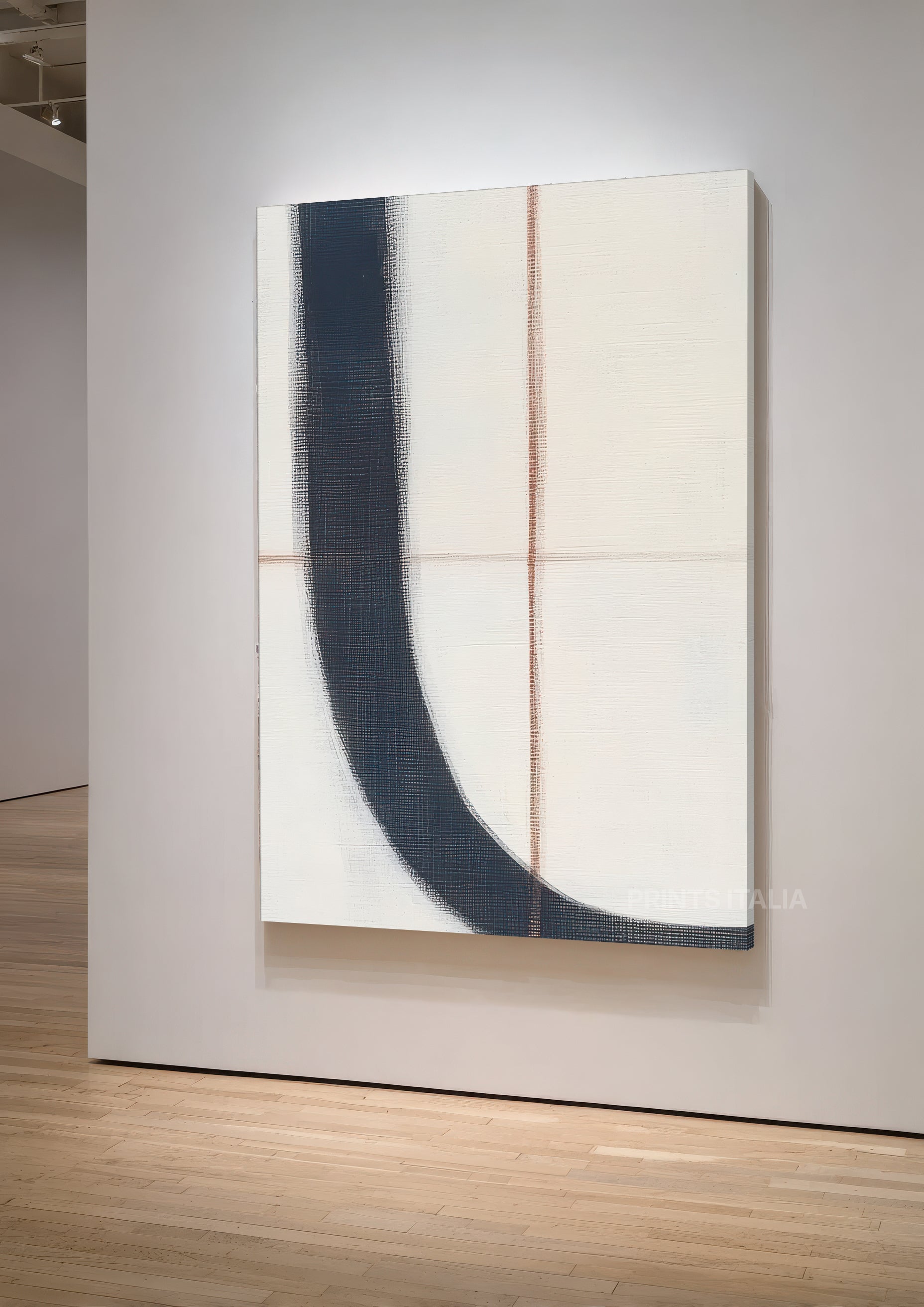 ERUMI print displayed in a contemporary gallery, highlighting its sweeping navy curve and fine terracotta grid