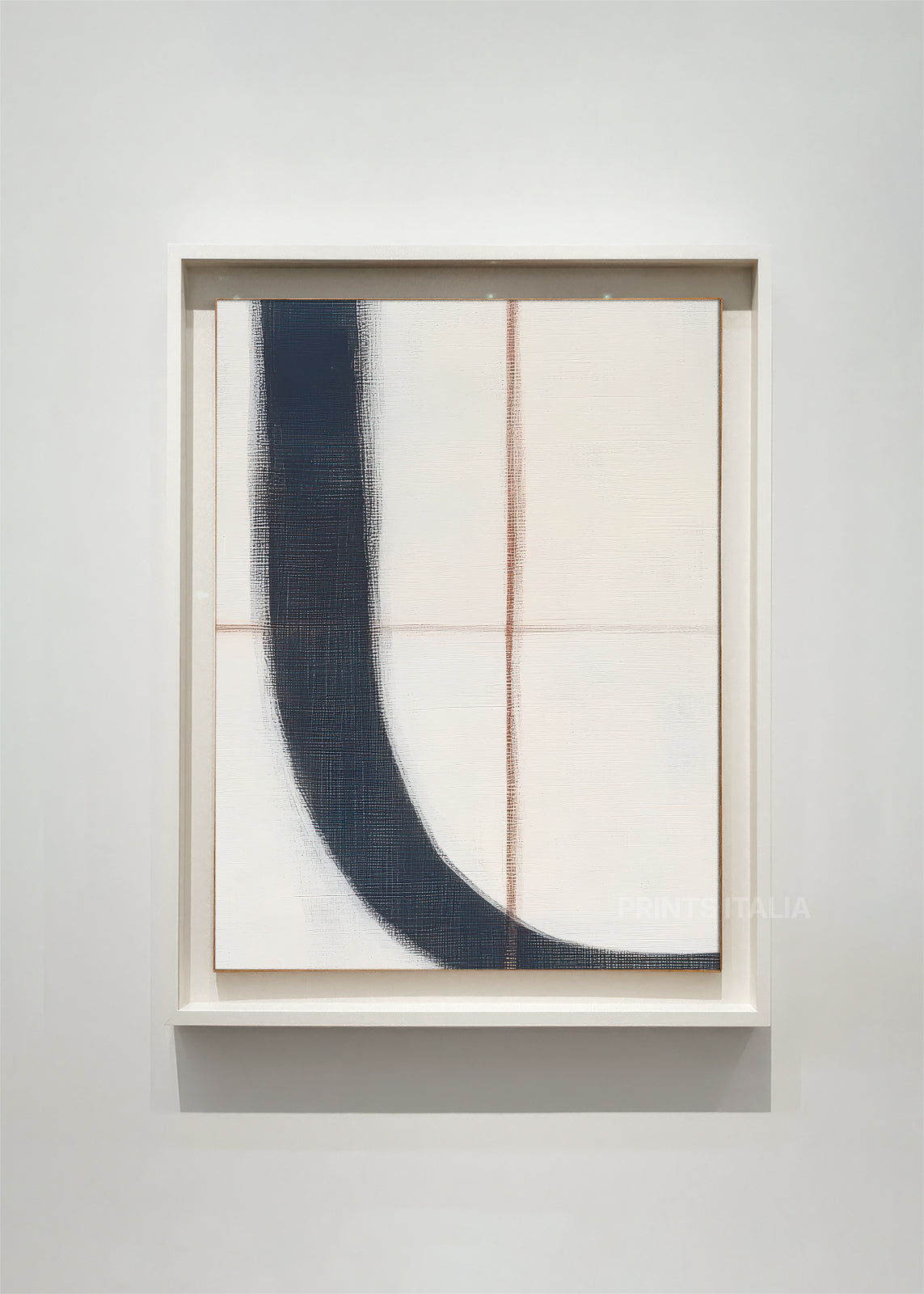 ERUMI abstract art print framed – bold navy arc and terracotta lines on soft ivory background
