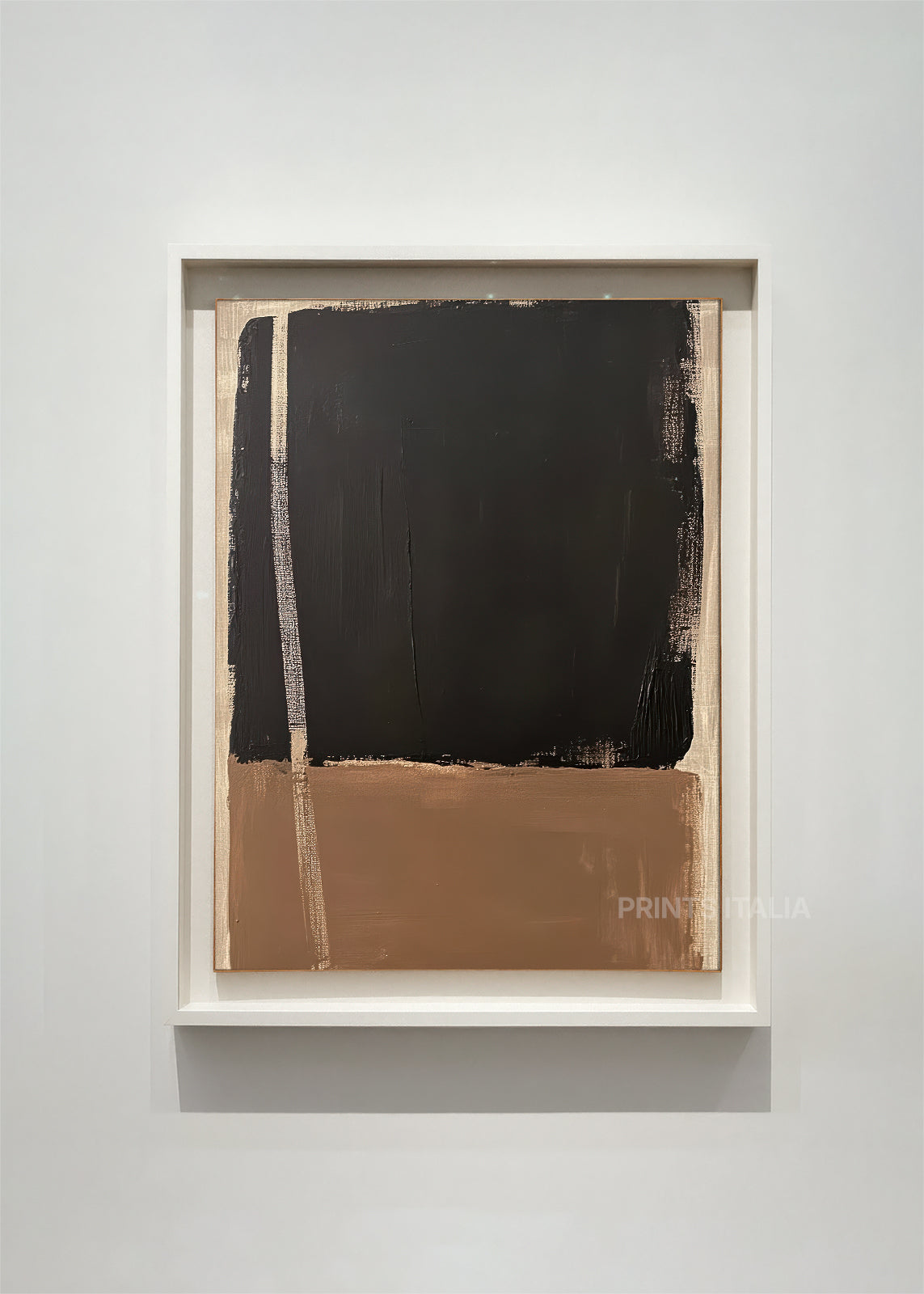 EVOLI abstract art print framed – bold black block above warm taupe field with vertical accent