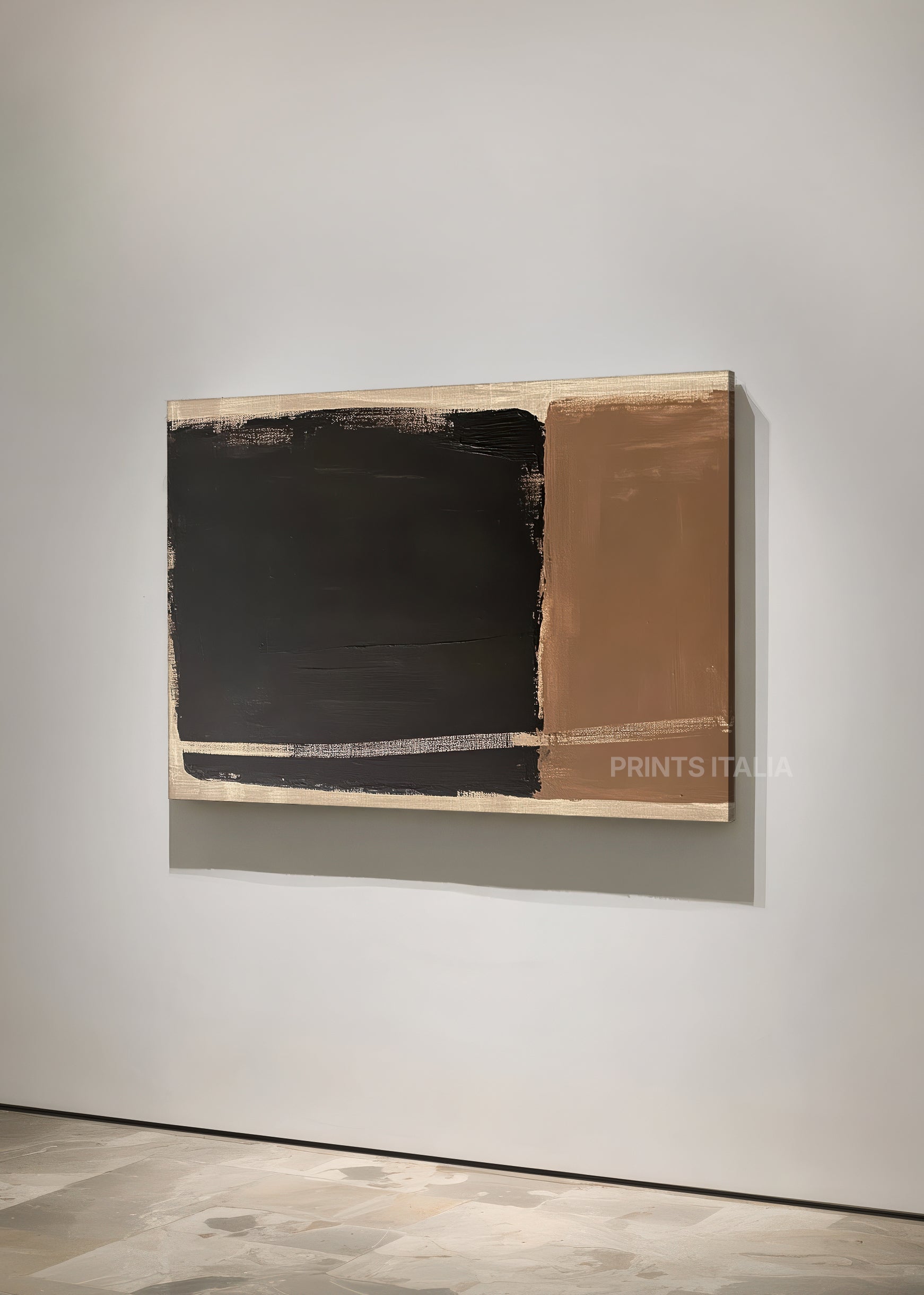 EVOLI abstract print styled in a minimalist living space, emphasizing its bold black and taupe composition