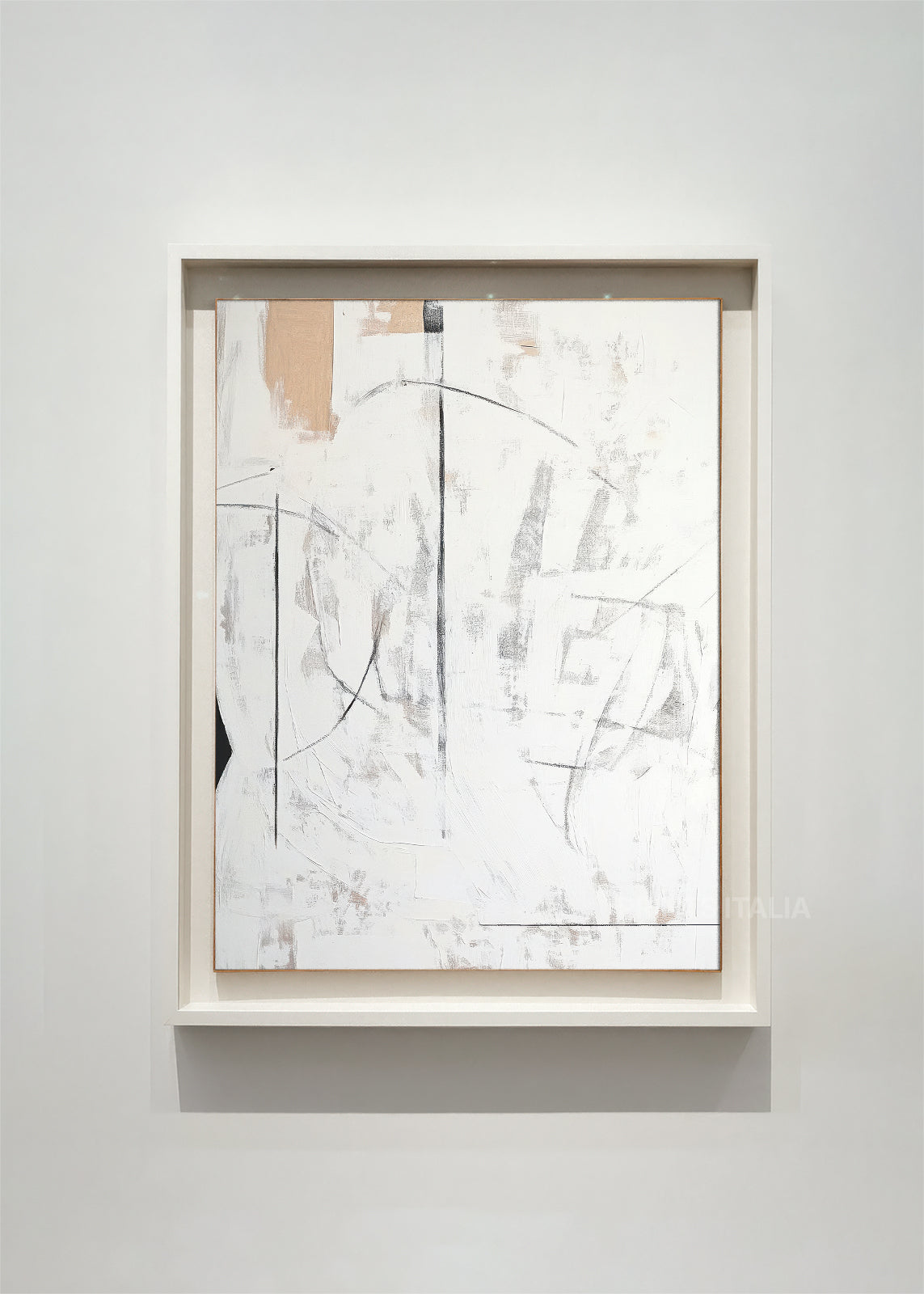 HEDA – framed minimalist abstract art print with white and taupe layers, fine graphite lines, and soft tonal shifts, displayed in a modern gallery setting
