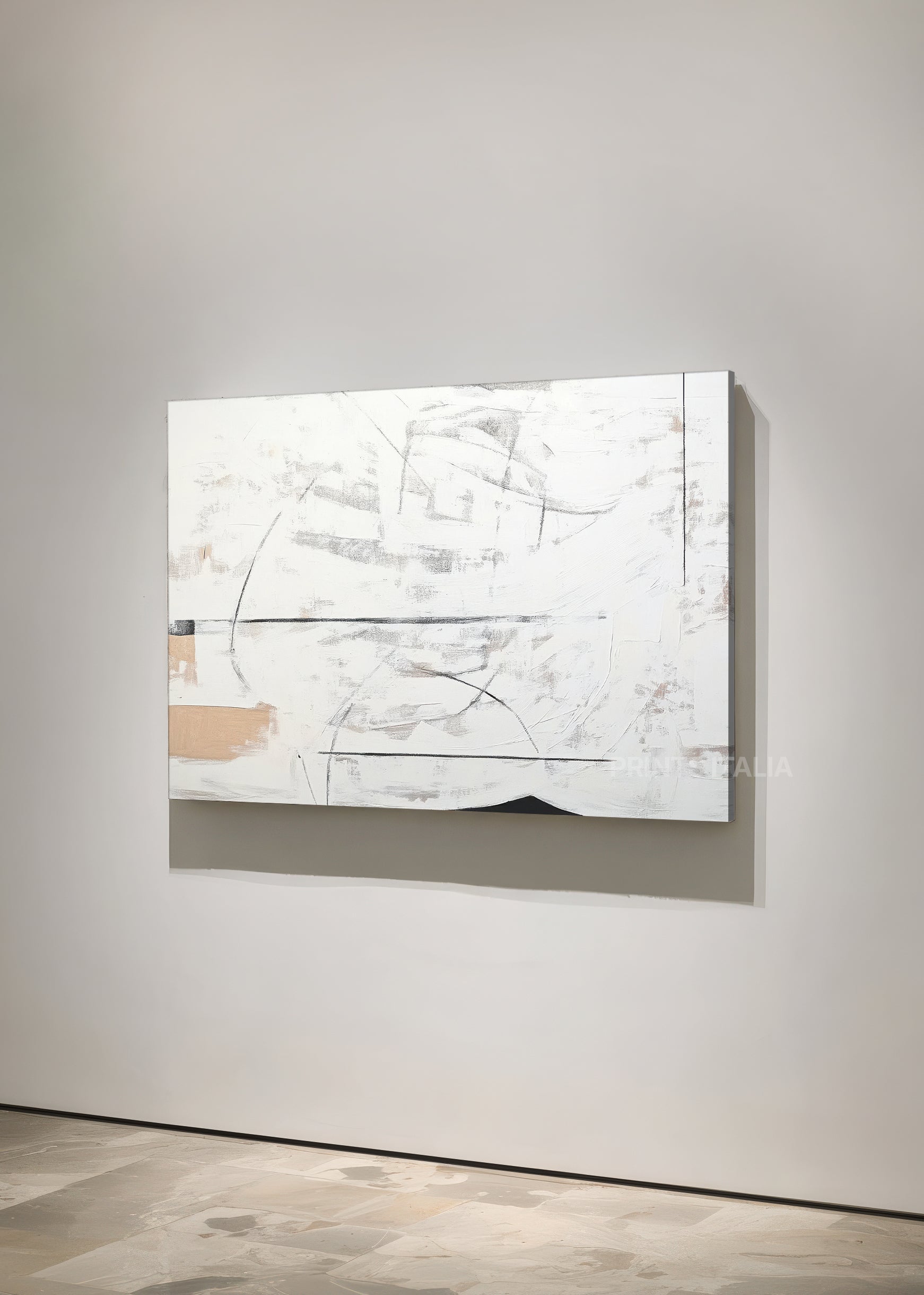 Unframed HEDA art print featuring minimalist white and taupe composition, airy tonal gradients, and fine linear marks, leaning against a soft neutral wall