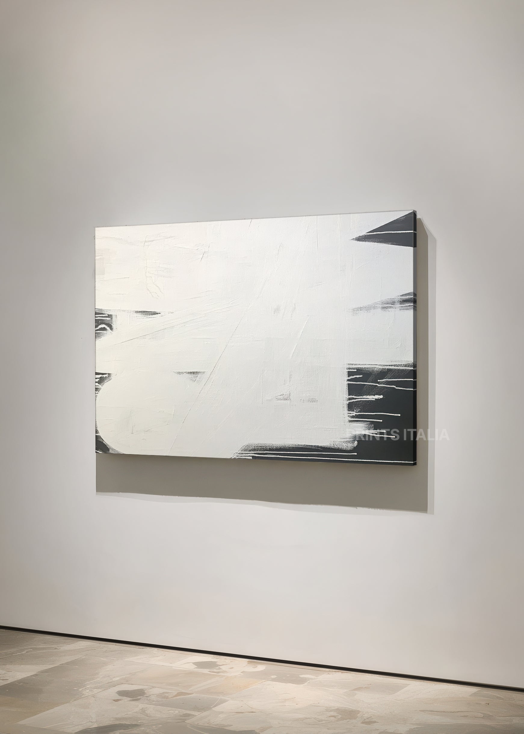 Angled view of ILAARI abstract print – minimalist ivory and black design with gentle movement