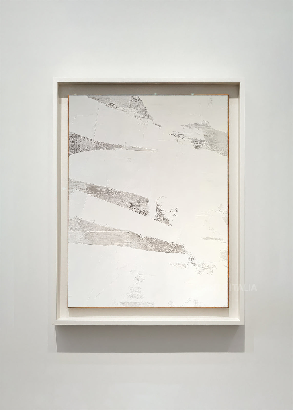 INARI ethereal mist abstract art print displayed in modern living room with soft cloud-like gray brushstrokes