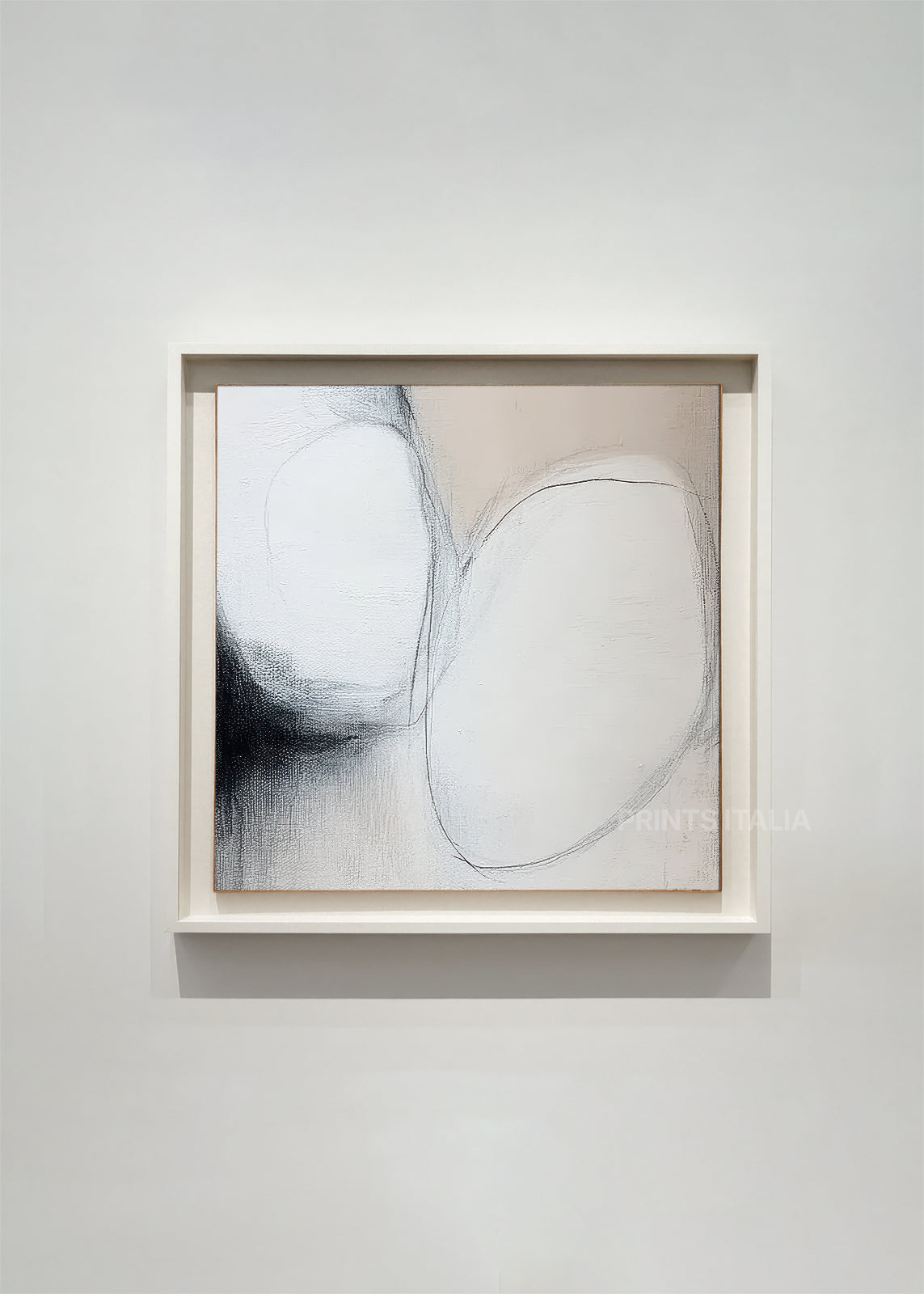 INARI abstract art print framed – overlapping white forms outlined in soft grey and charcoal on a pale background