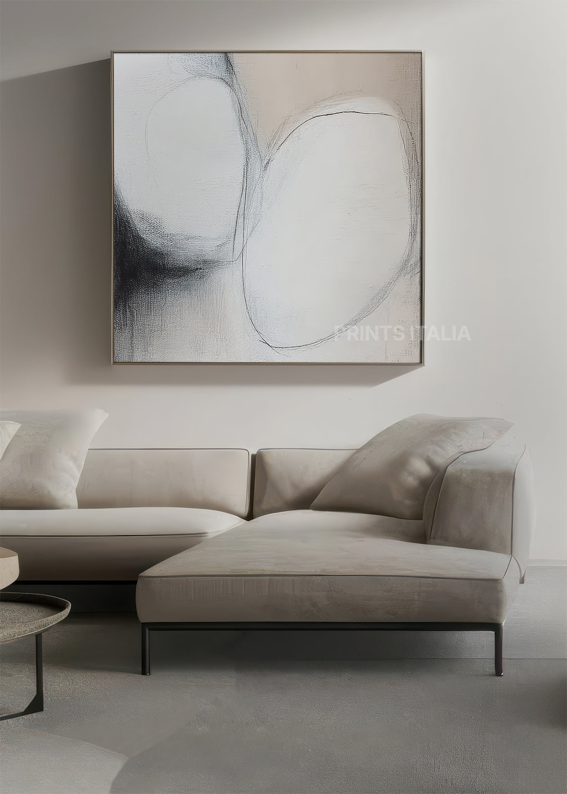 INARI abstract print styled in a calm, modern space, emphasizing its soft palette and subtle overlapping shapes