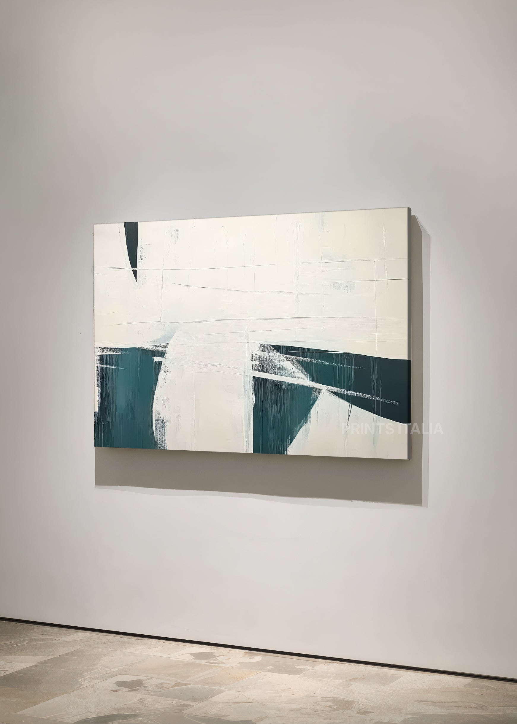 Angled view of INOA abstract print – modern architectural composition with dramatic teal and cream contrast