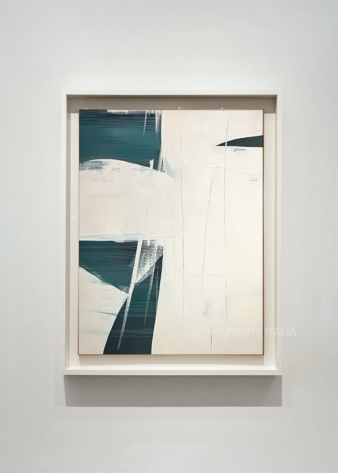 INOA abstract art print framed – bold geometric composition in deep teal and cream with angular forms