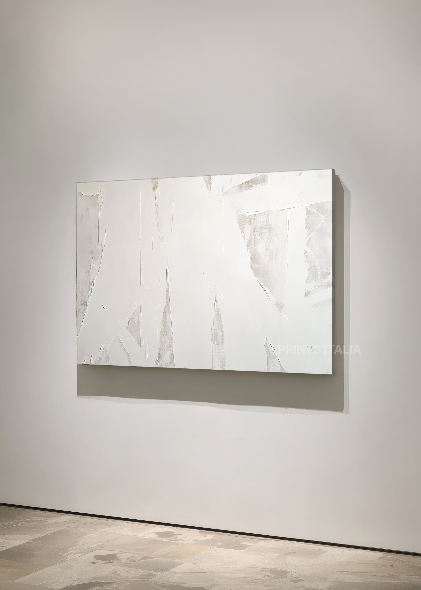 Unframed IQUOR art print featuring minimalist white and neutral composition, bold liquor-inspired marks, and gentle texture, leaning against a soft neutral wall