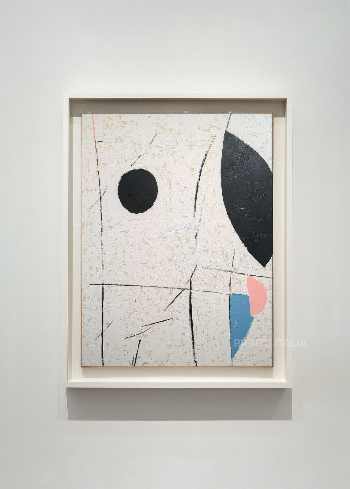 framed minimalist abstract art print with black circle, curved black form, and pops of blue and pink on a textured off-white background
