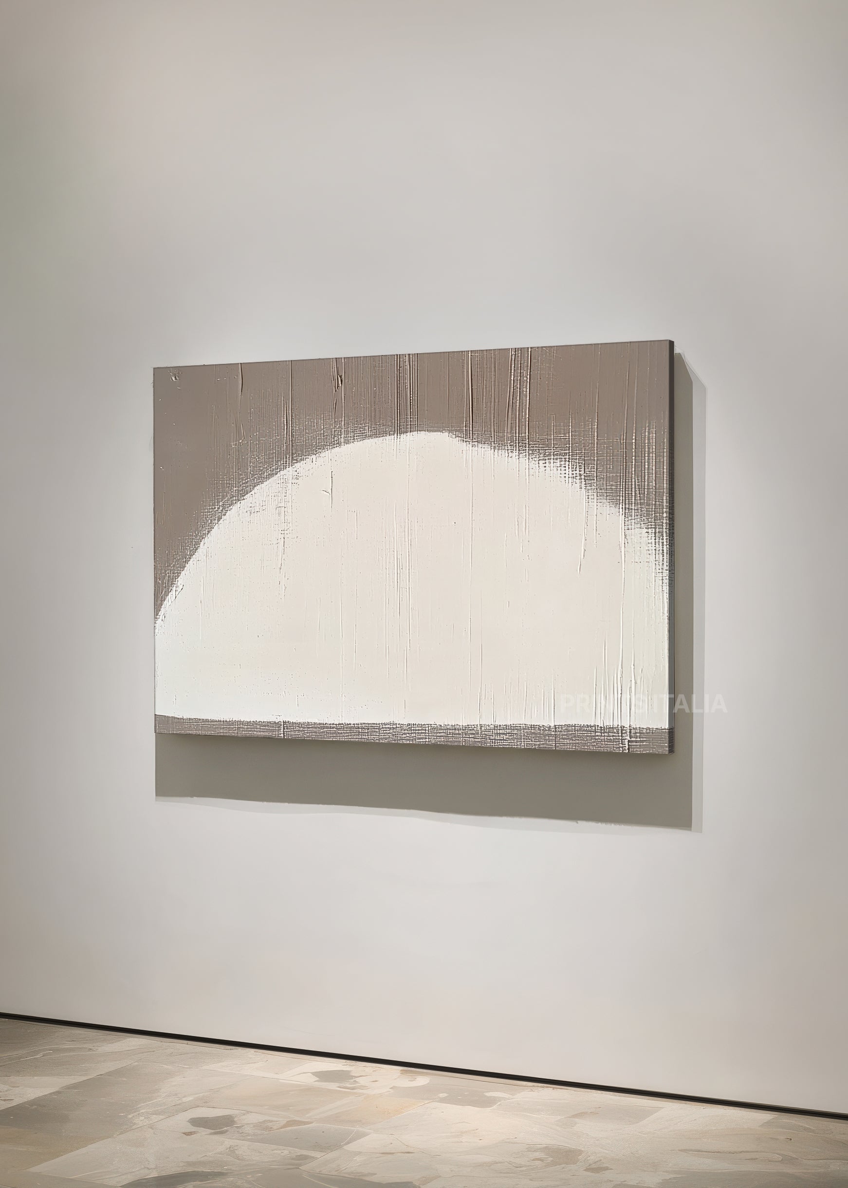 Angled view of ISARI abstract print – minimalist composition with soft taupe and ivory tones and subtle texture