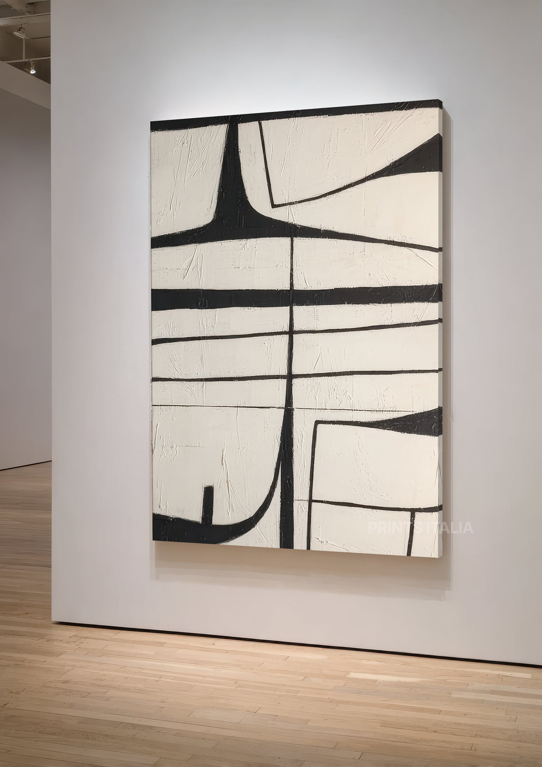 ISEN abstract painting showing textured surface and crisp black linear forms