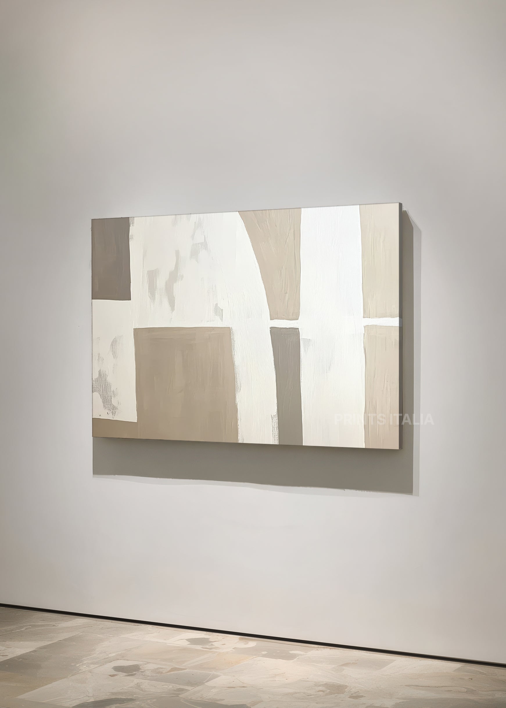 ISHTAE print displayed in a contemporary gallery, highlighting its calm shapes and muted neutral palette