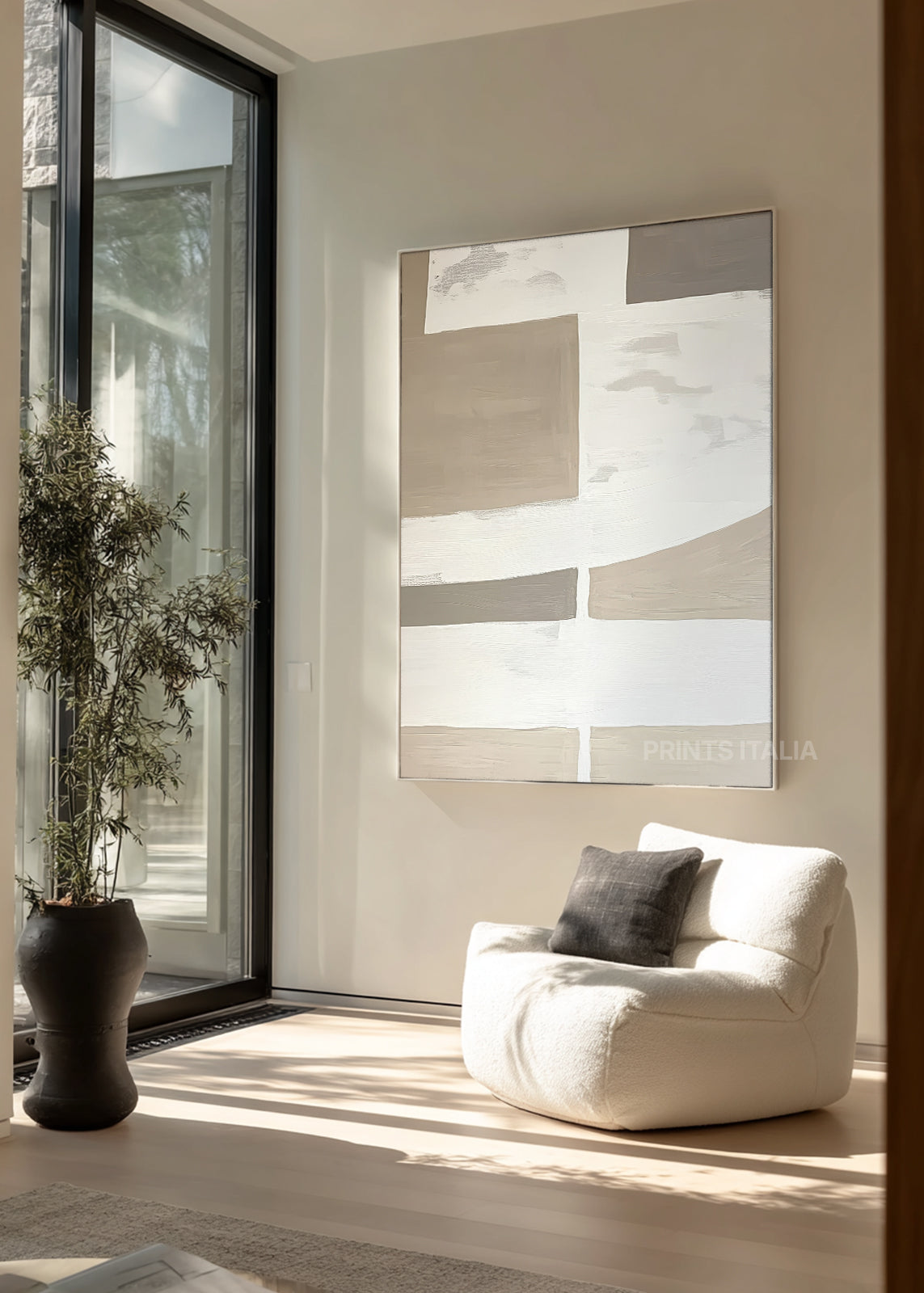 ISHTAE abstract print styled in a serene, light-filled interior, emphasizing its composed geometry and soft color harmony
