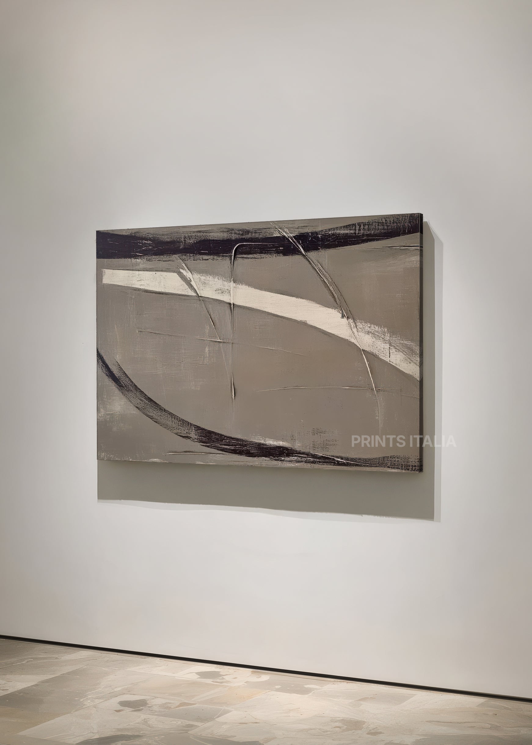 ISKRA abstract print – energetic modern composition with sweeping charcoal and taupe curves