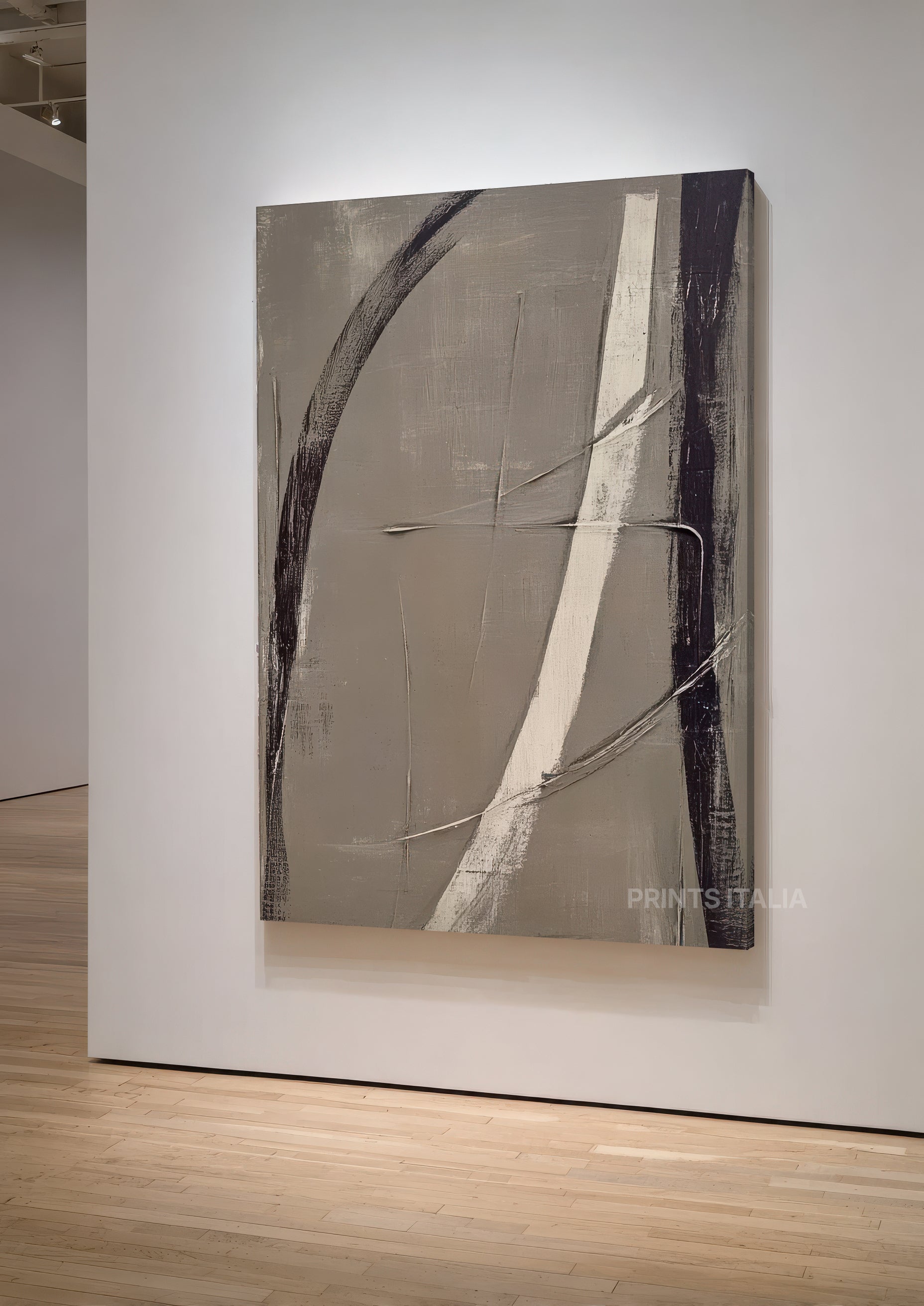 ISKRA print showing expressive curved brushstrokes in rich charcoal and warm taupe tones