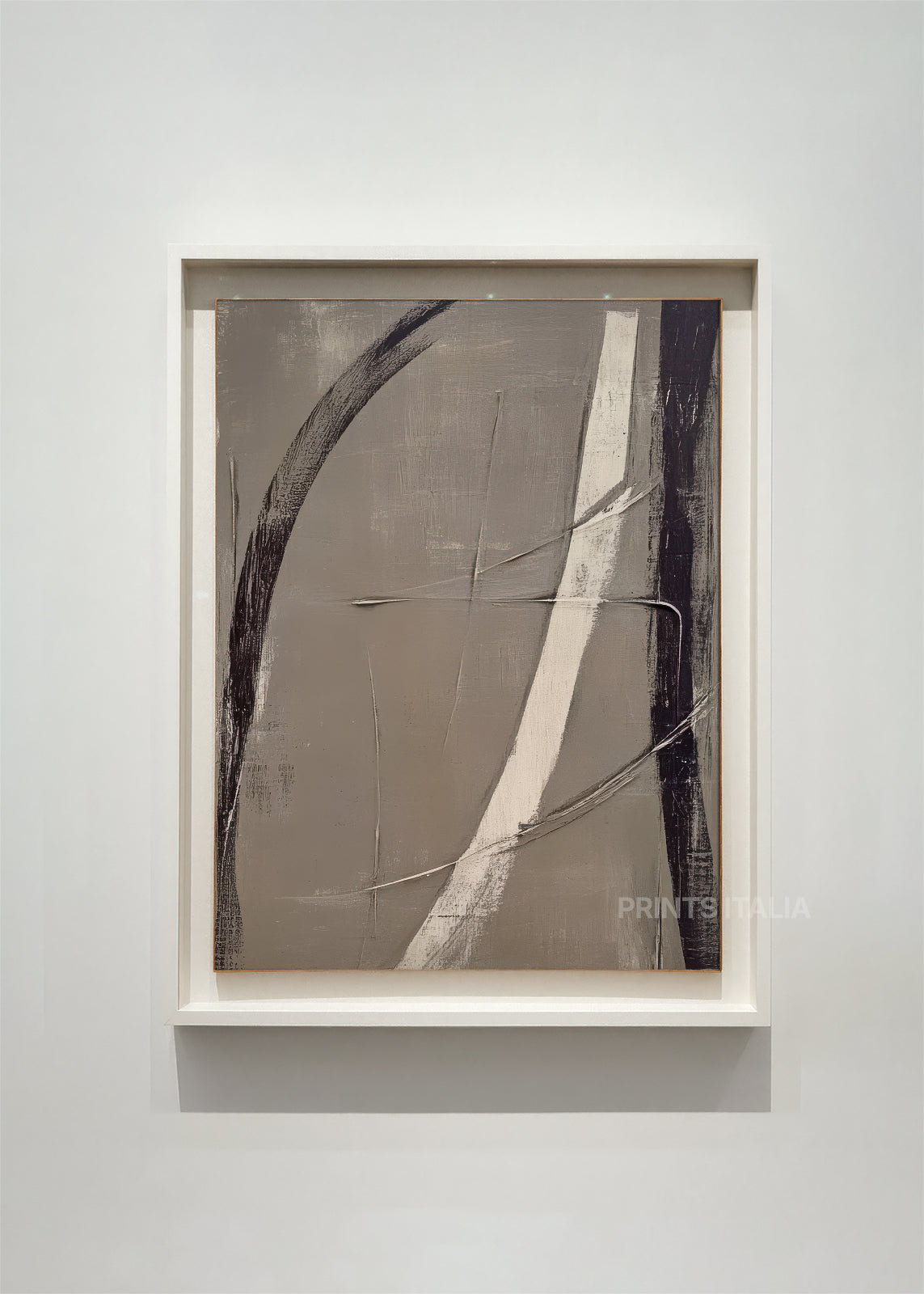 ISKRA abstract art print framed – bold sweeping curves in charcoal and taupe with dynamic expressive composition