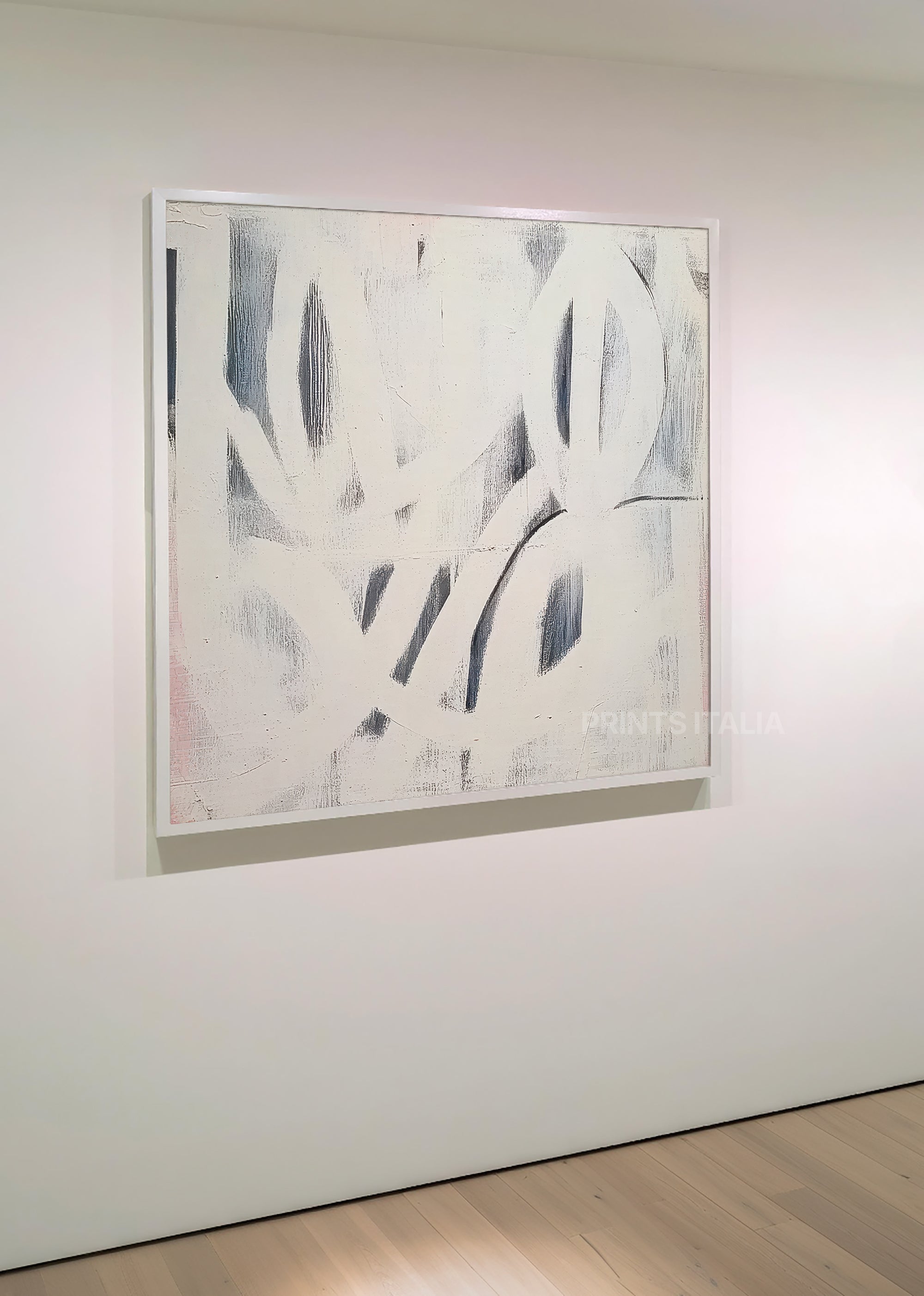 ISMERE print displayed in a minimalist gallery, highlighting its airy white and grey composition and subtle texture