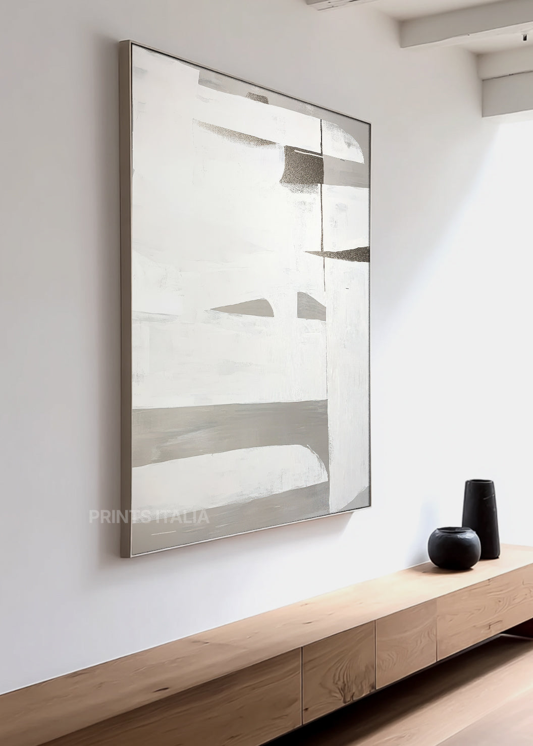 ISMIRA print showing misty white surface, layered taupe, and dynamic ink marks with subtle texture