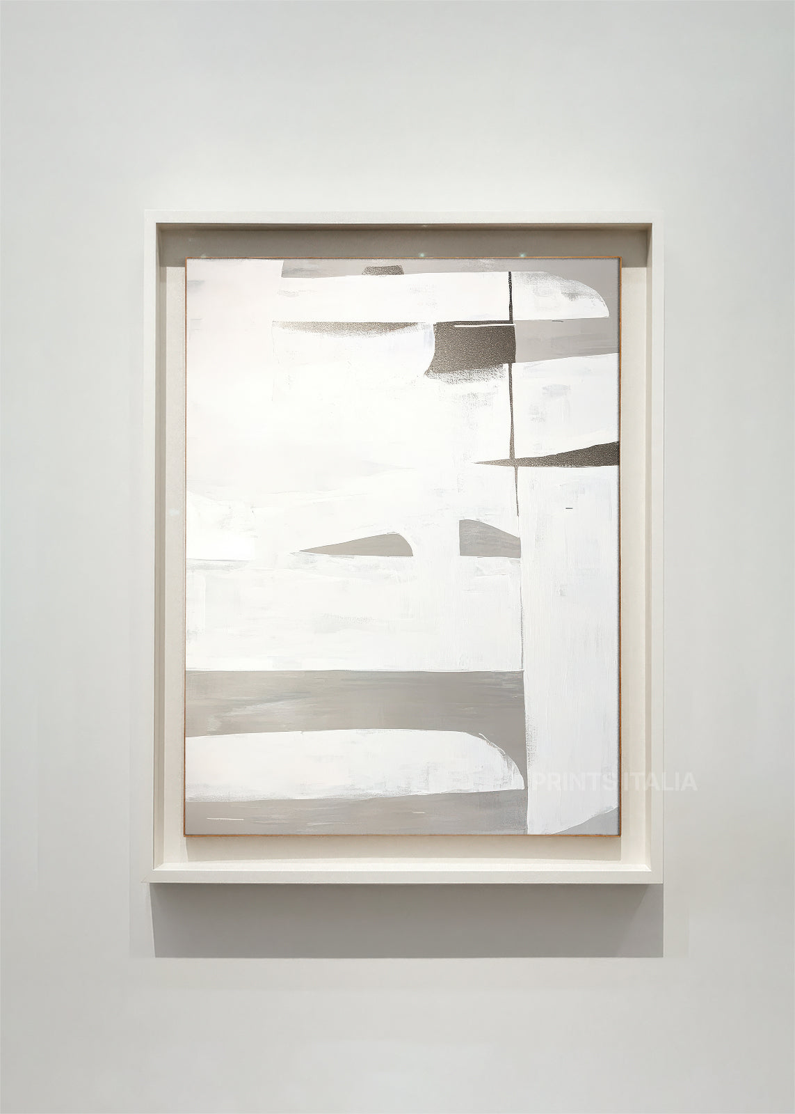 ISMIRA – framed minimalist abstract art print with misty white and taupe fields, bold inky gestures, and soft texture, displayed in a contemporary gallery
