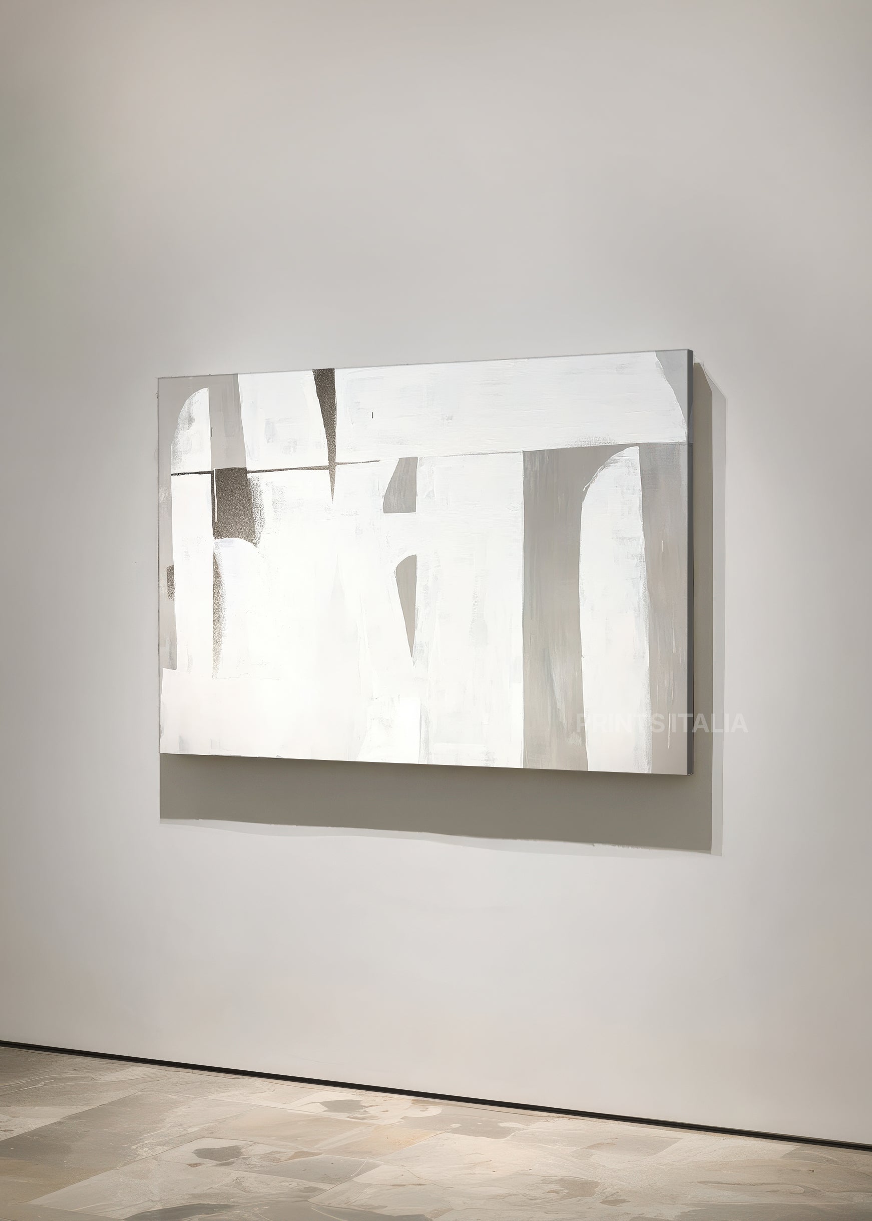 Unframed ISMIRA art print featuring minimalist mist and ink composition, gentle taupe gradients, and bold gestures, leaning against a soft neutral wall