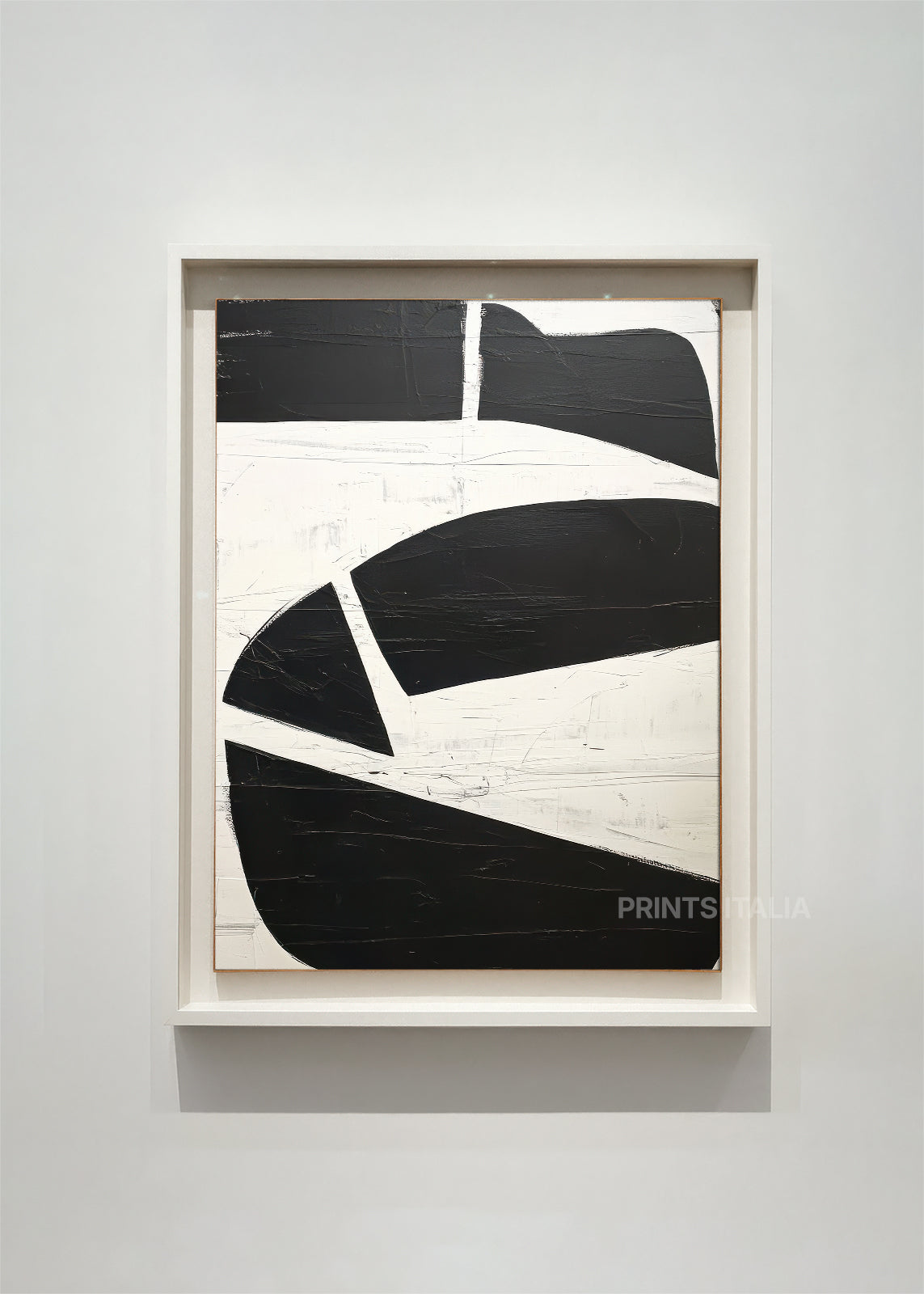 ISVIAN – framed minimalist abstract art print with bold black arcs and crisp white fields, displayed in a modern gallery