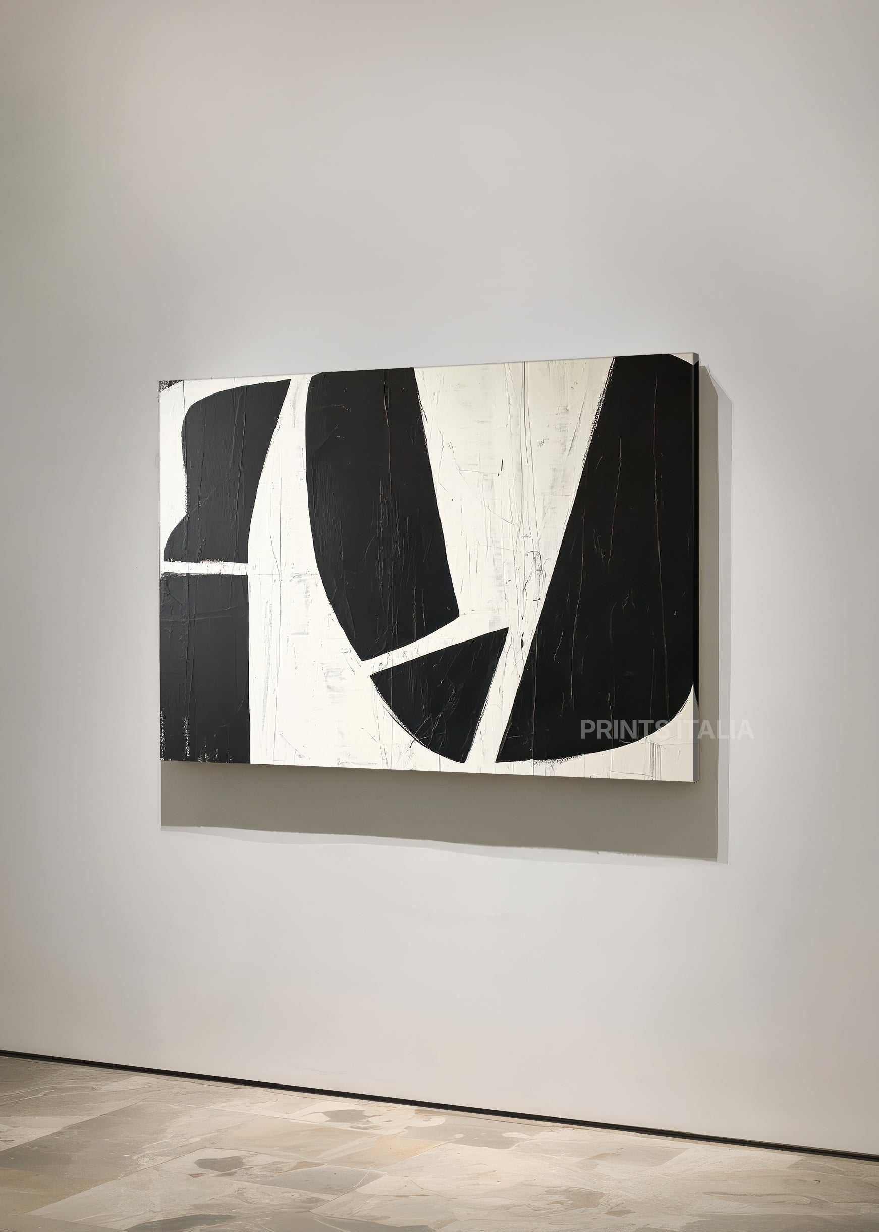 Unframed ISVIAN art print featuring minimalist black and white composition, sweeping arcs, and graphic clarity, leaning against a soft neutral wall