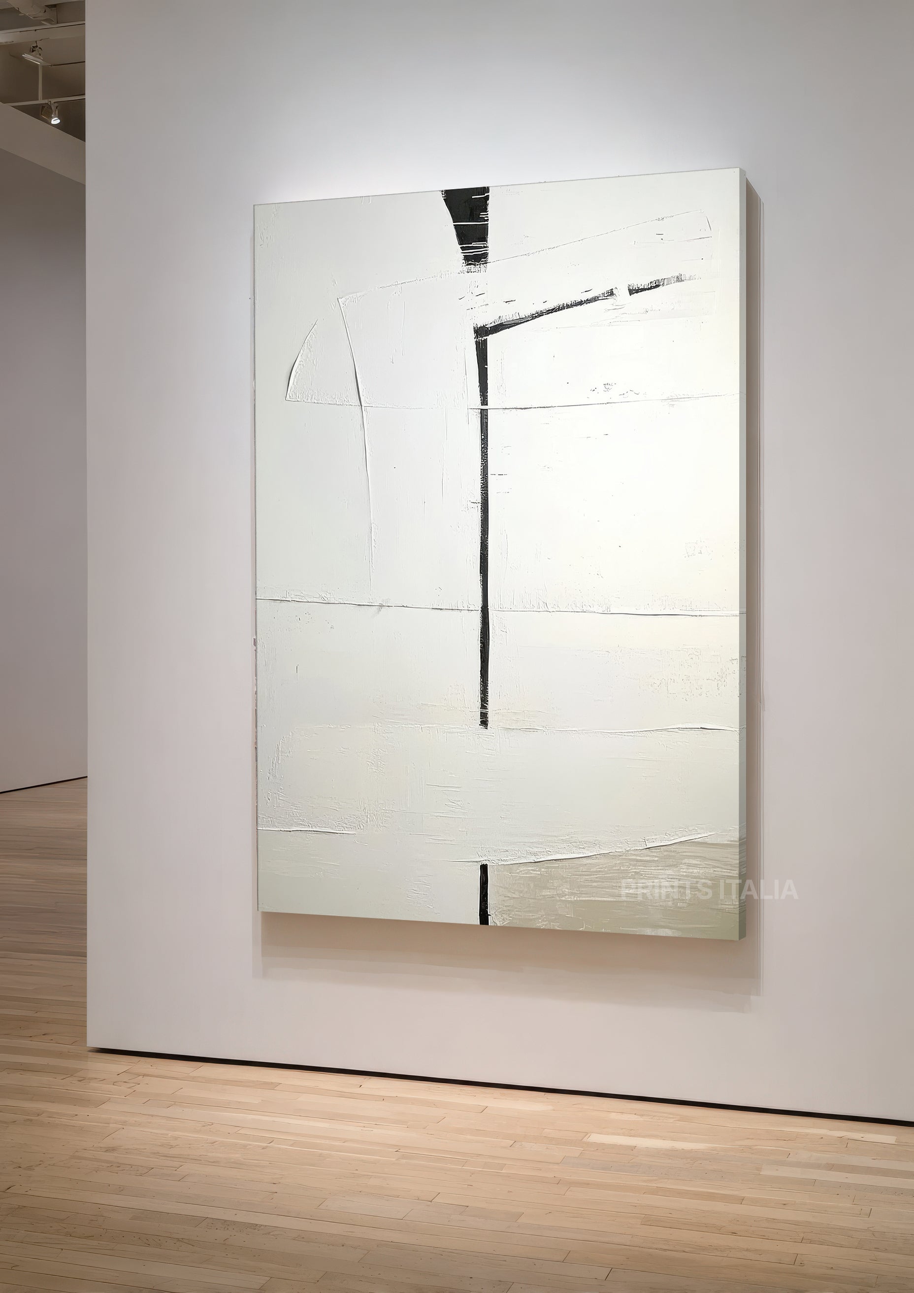 white abstract artwork showing crisp surfaces and strategic black linear details